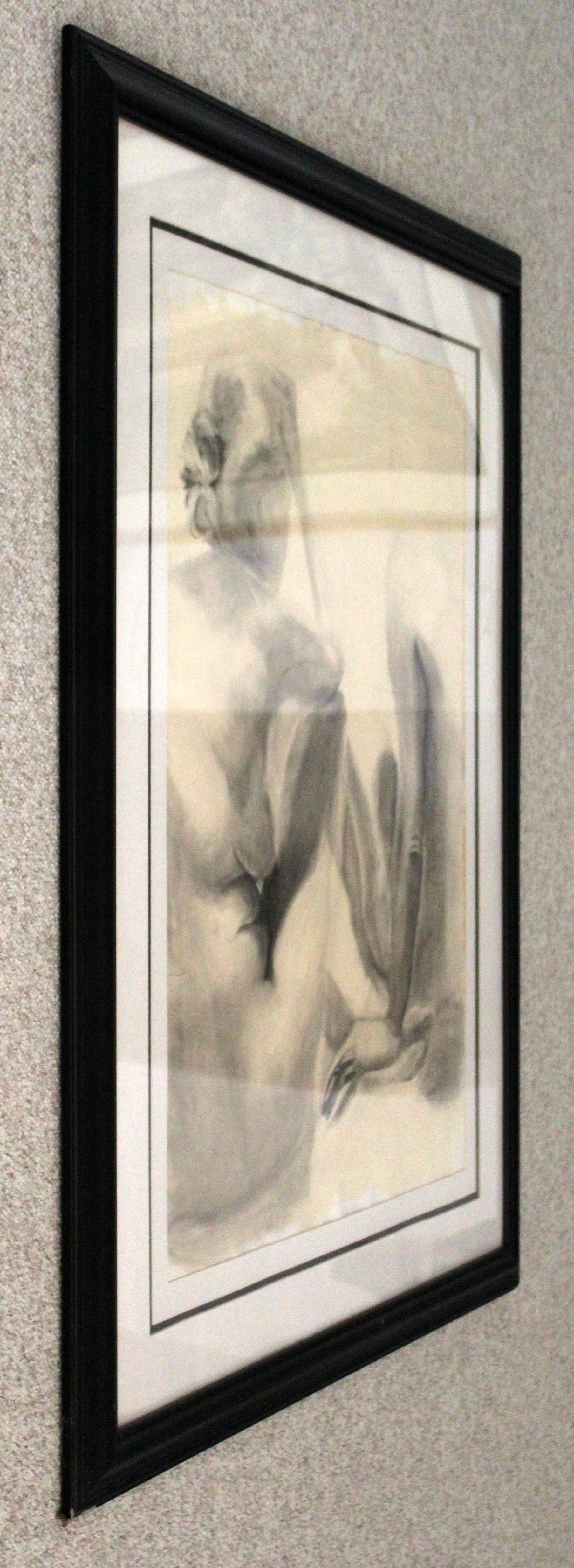 20th Century Contemporary Modern Framed Charcoal Drawing Signed Drewe Nude Figure Drawing For Sale