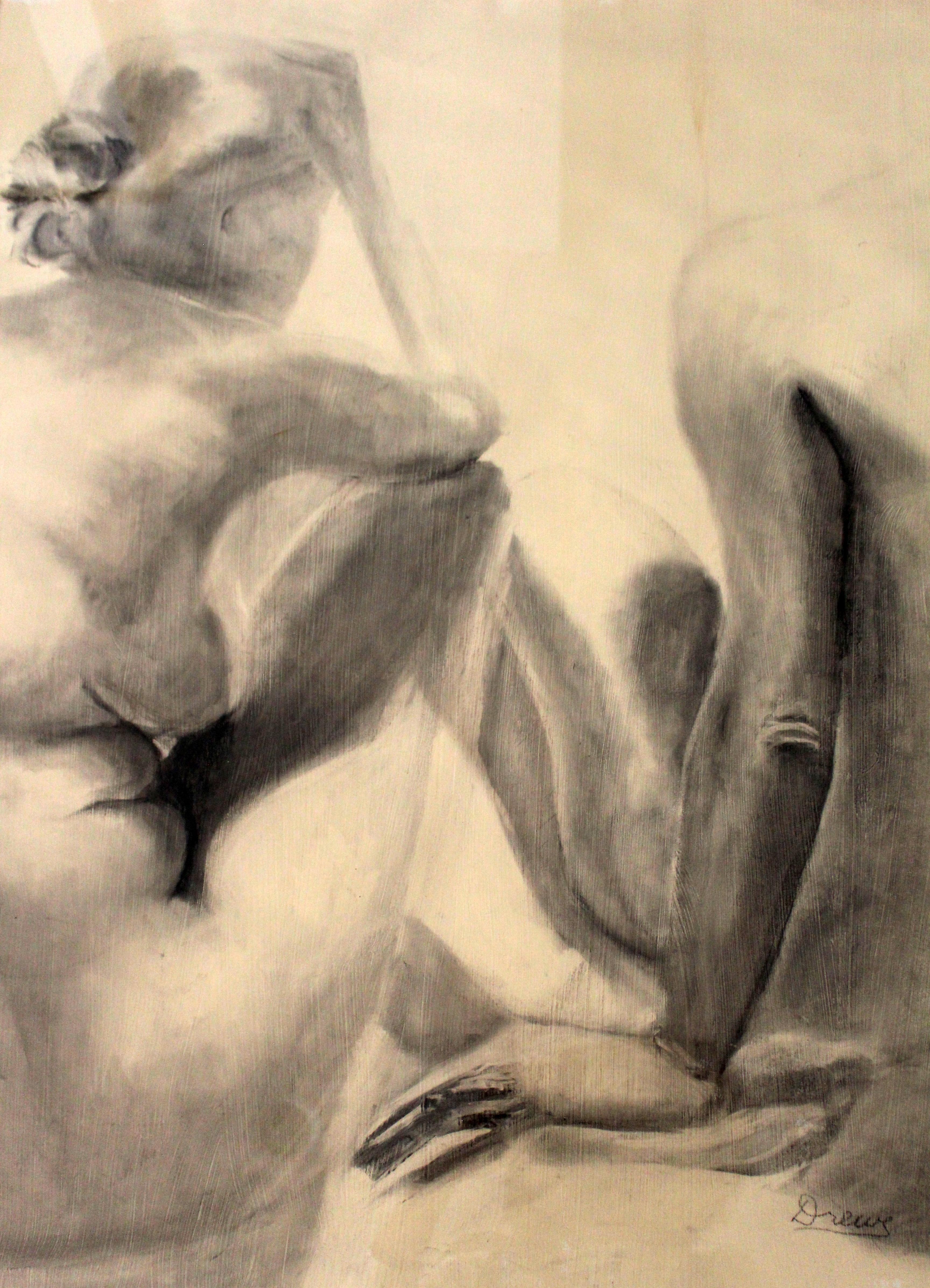 Papier Drawing moderne contemporain encadré d'un charbon de bois, signé Drewe, représentant une figure nue en vente