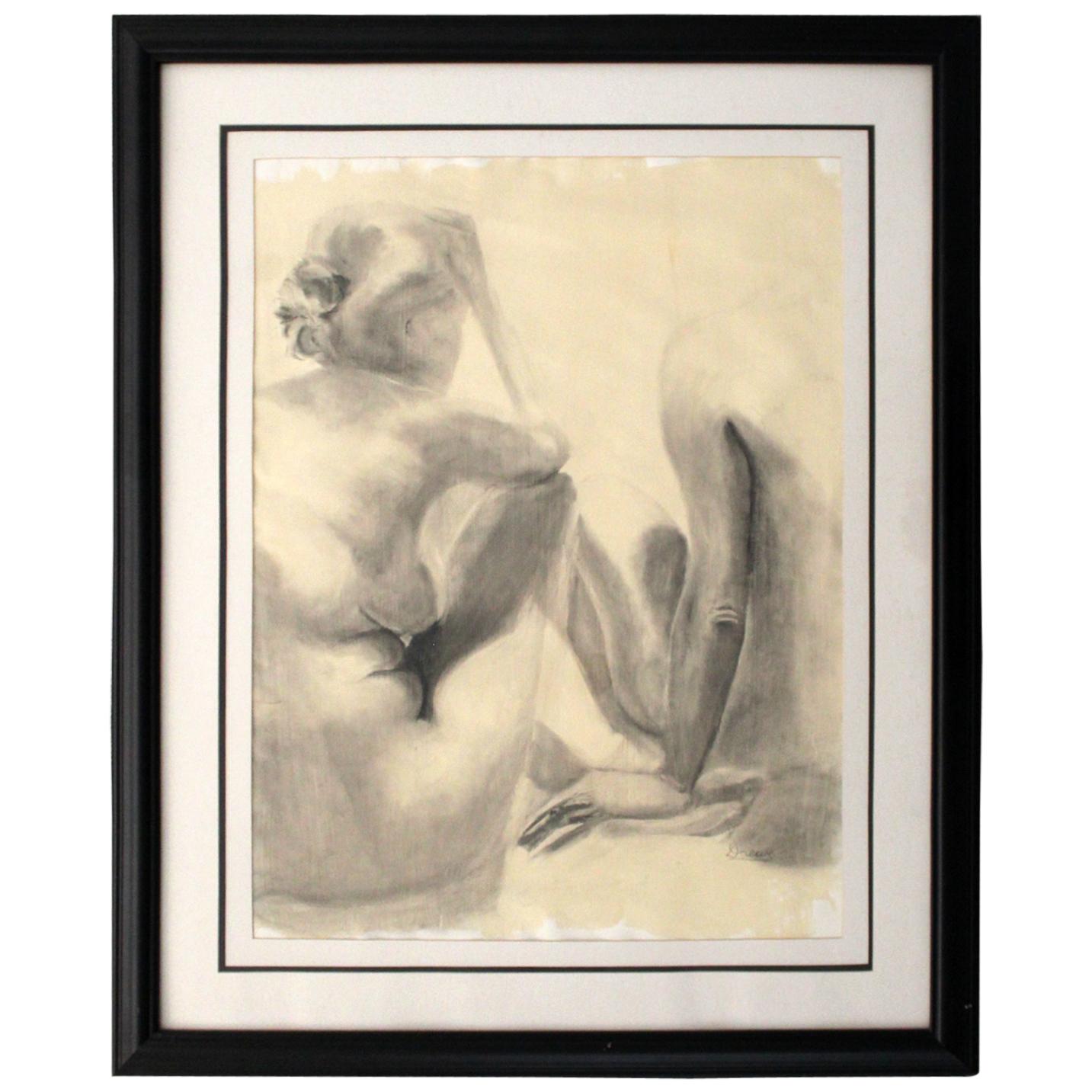Contemporary Modern Framed Charcoal Drawing Signed Drewe Nude Figure Drawing For Sale