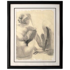 Vintage Contemporary Modern Framed Charcoal Drawing Signed Drewe Nude Figure Drawing