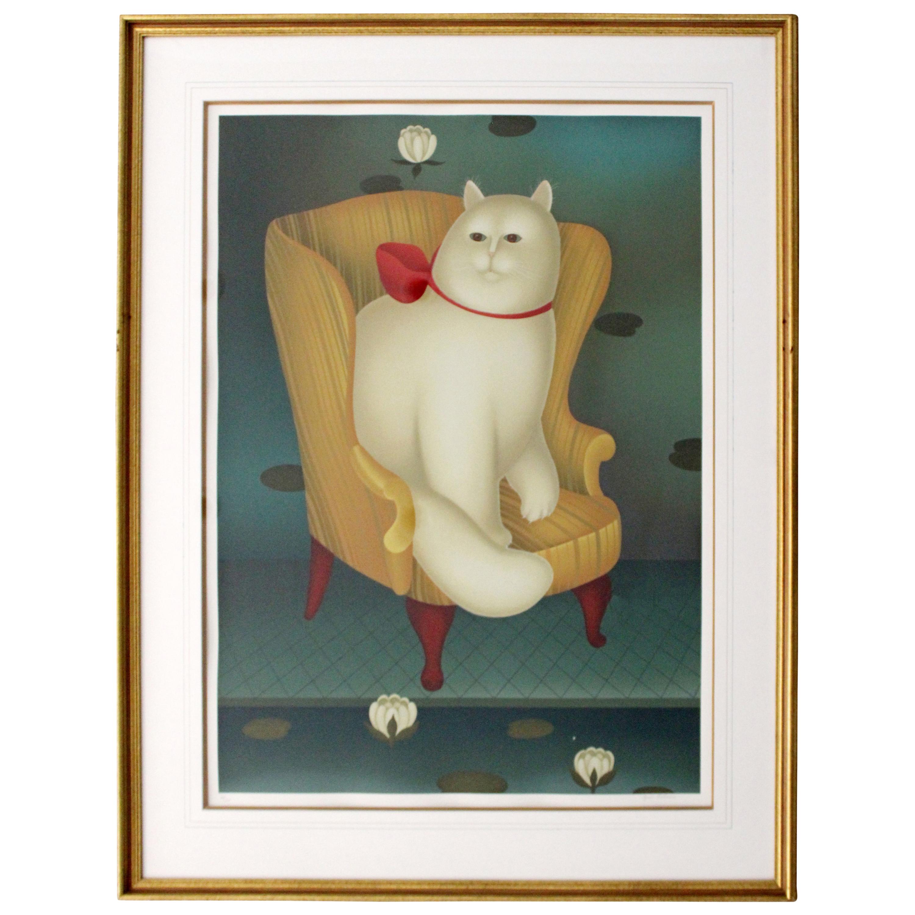 Contemporary Modern Framed Litho Signed Igor Galanin White Cat Wing Chair 64/175