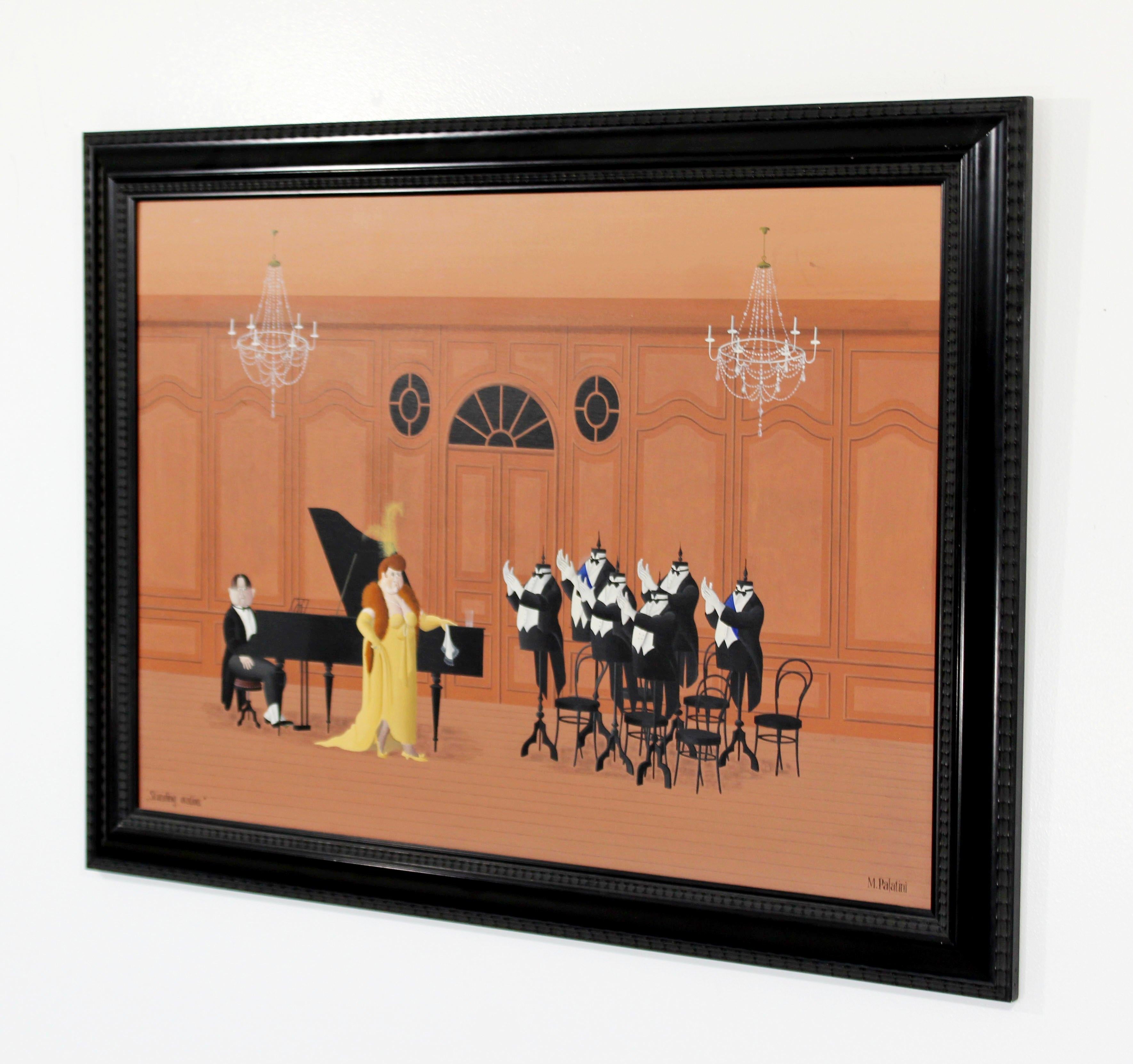 Mid-Century Modern Contemporary Modern Framed Oil on Board Maria Palatini Standing Ovation