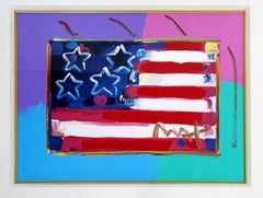 Contemporary Modern Framed Peter Max Flag with Heart Signed Mixed-Media