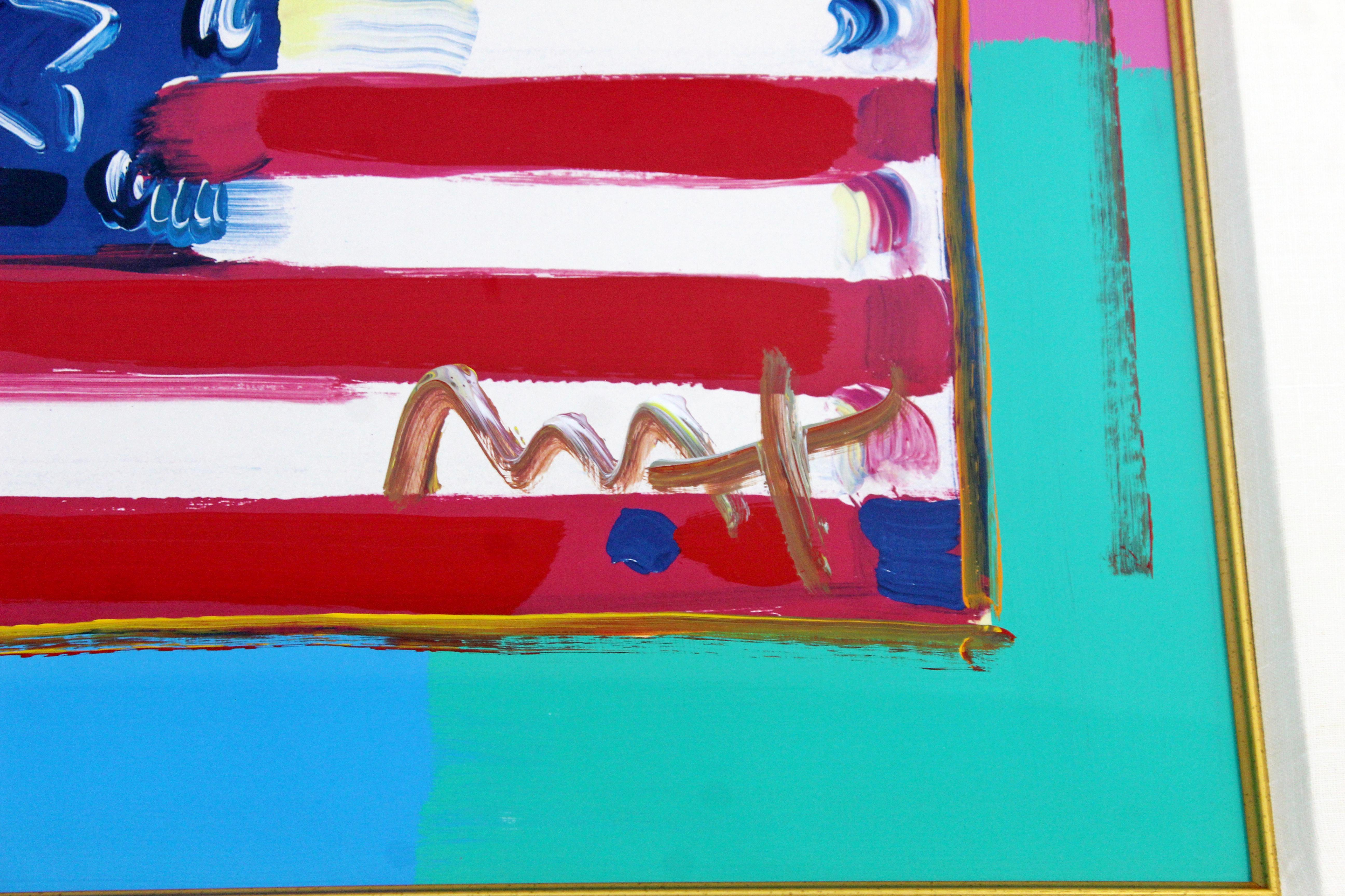 American Contemporary Modern Framed Peter Max Flag with Heart Signed Mixed-Media