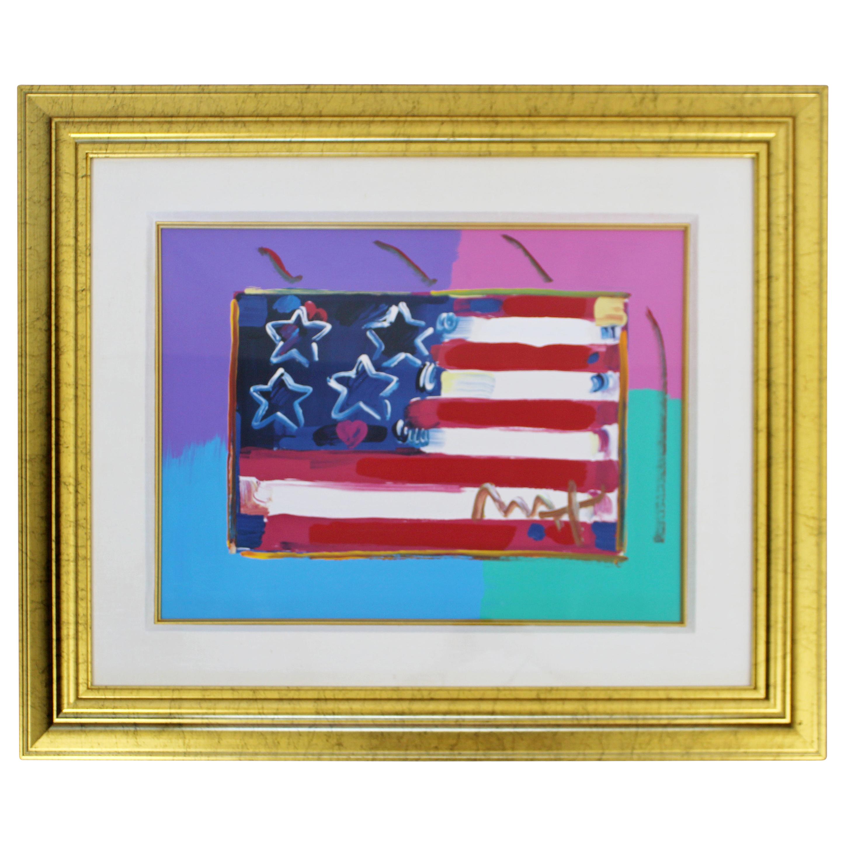 Contemporary Modern Framed Peter Max Flag with Heart Signed Mixed-Media