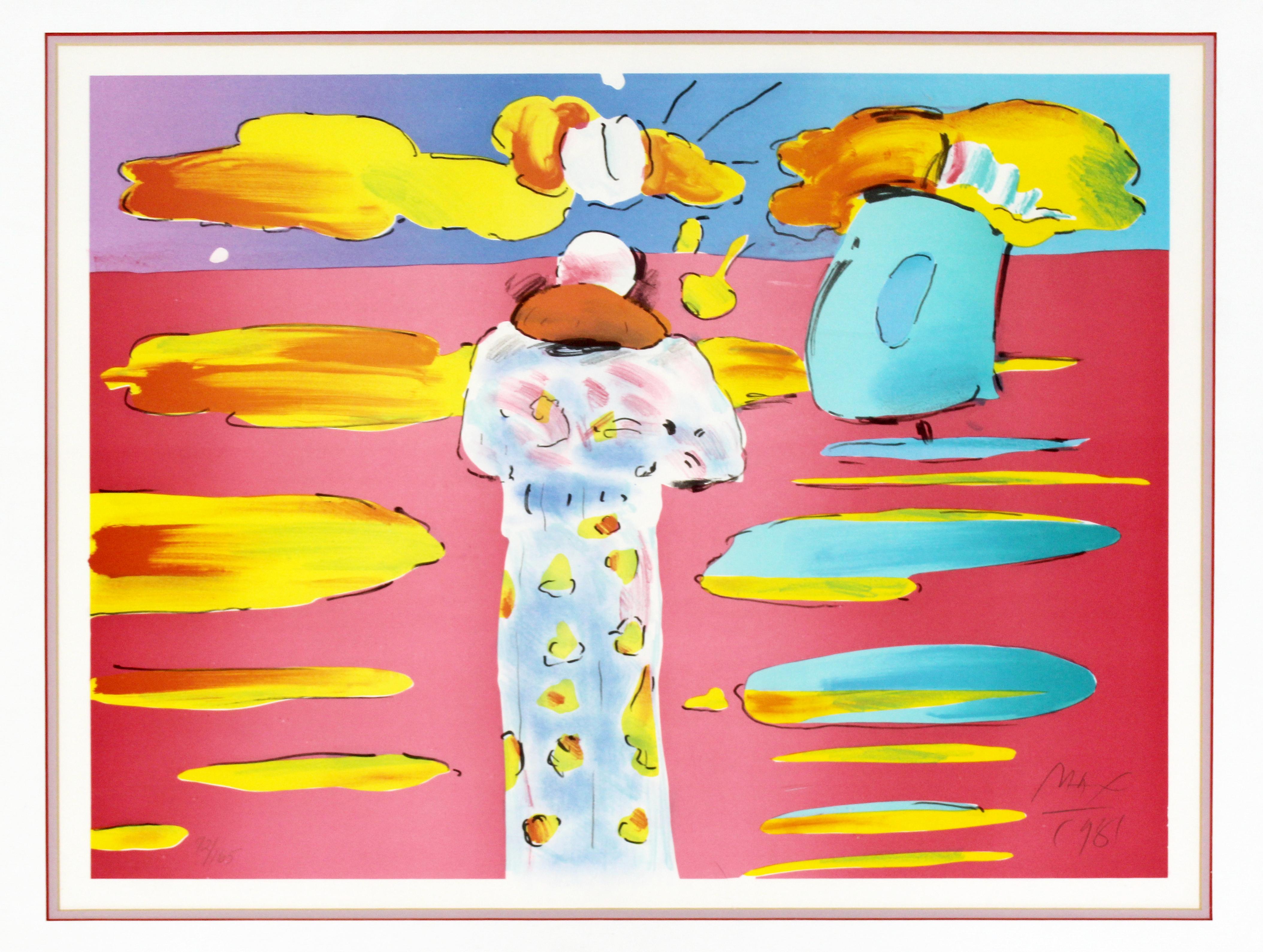 For your consideration is a whimsical, framed lithograph, walking in to the sunset signed and numbered by Peter Max, 72/165, dated 1981. In excellent condition. The dimensions of the frame are 35.5