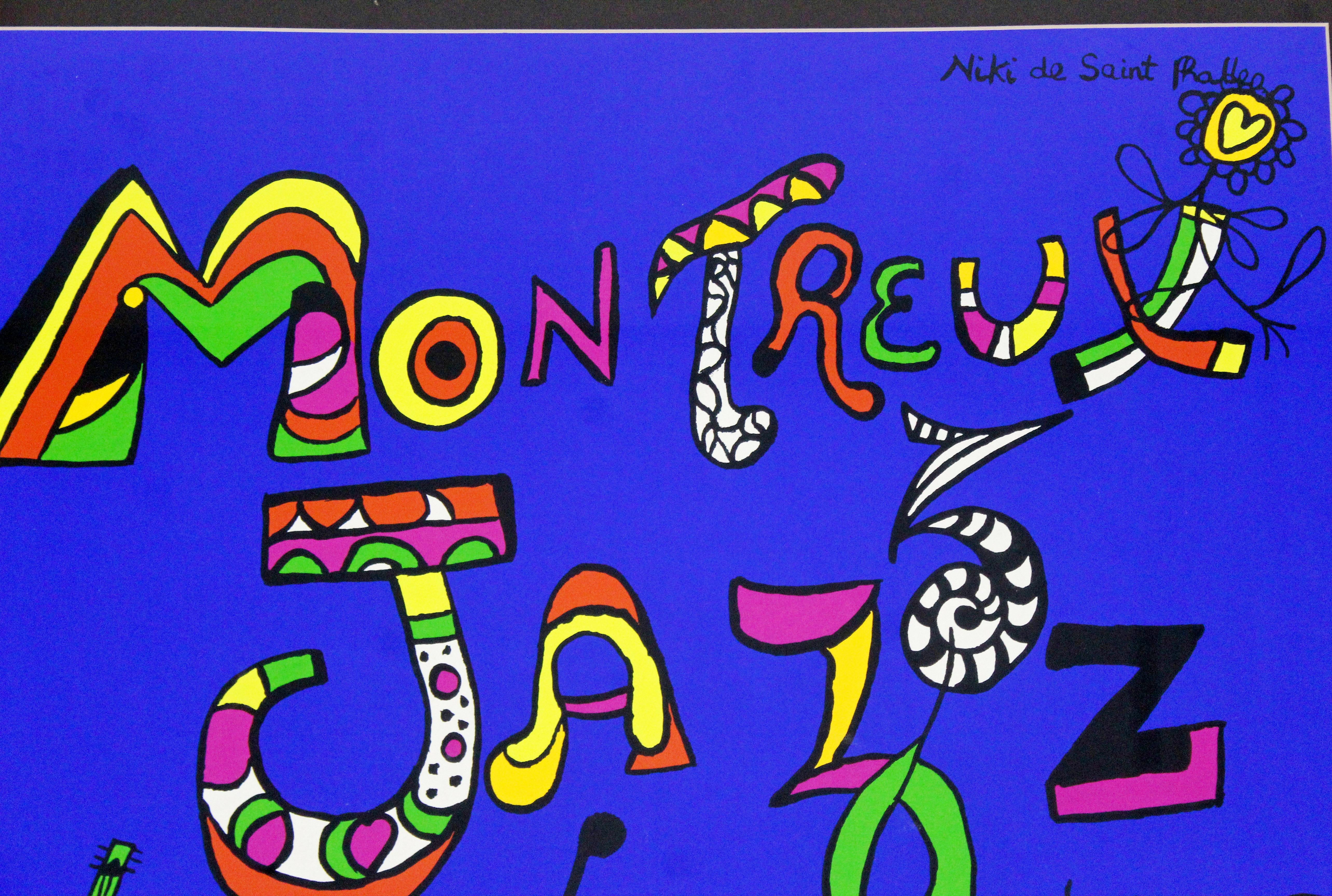 Nous vous proposons une affiche dynamique:: encadrée:: pour le Festival de Jazz de Montreux 1984:: signée par Niki de Saint Phalle. En très bon état. Les dimensions sont de 30::25