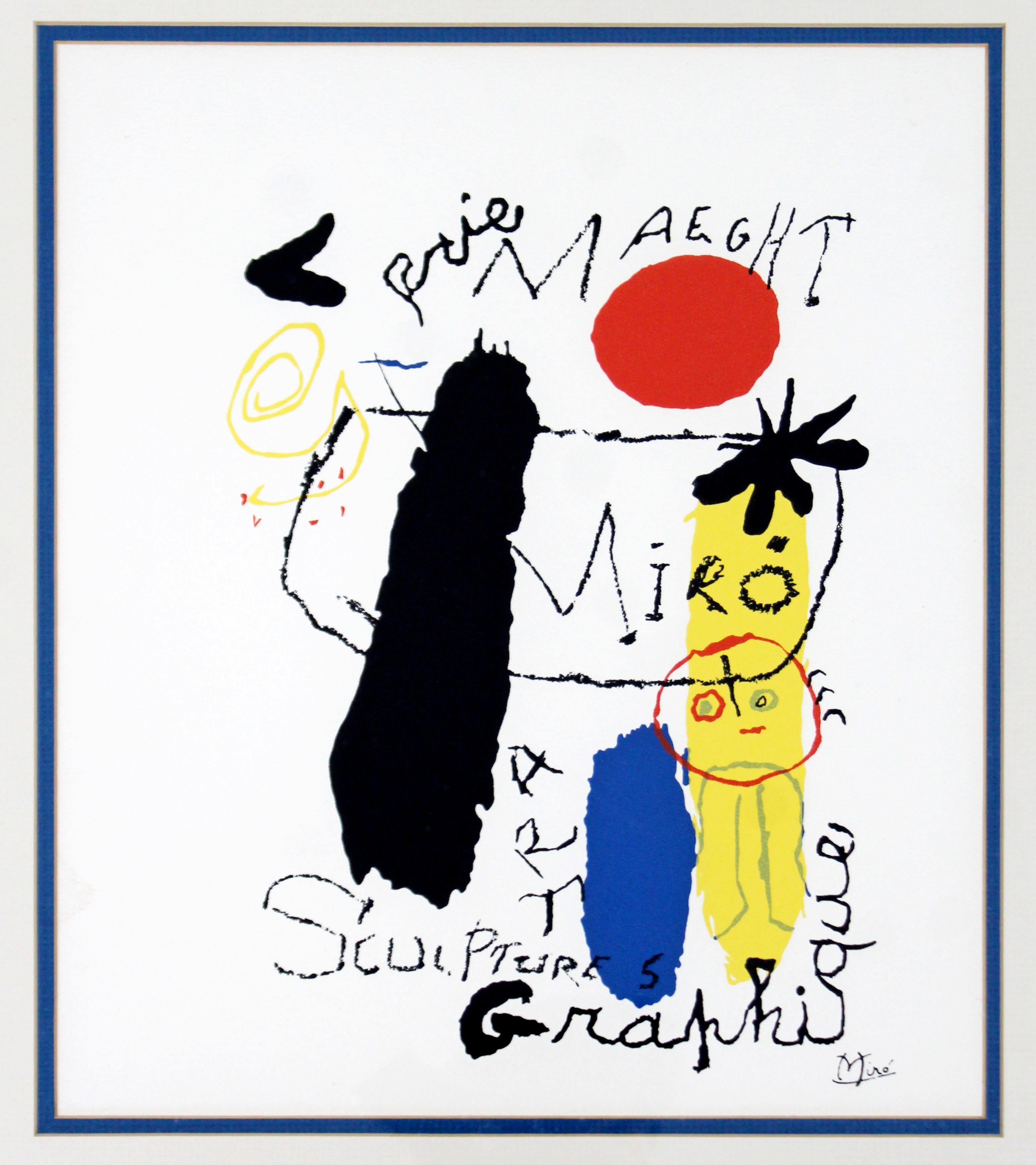 For your consideration is a bold, framed poster print, Joan Miro Galerie Maeght Graphique. In excellent condition. The dimensions of the frame are 18.25