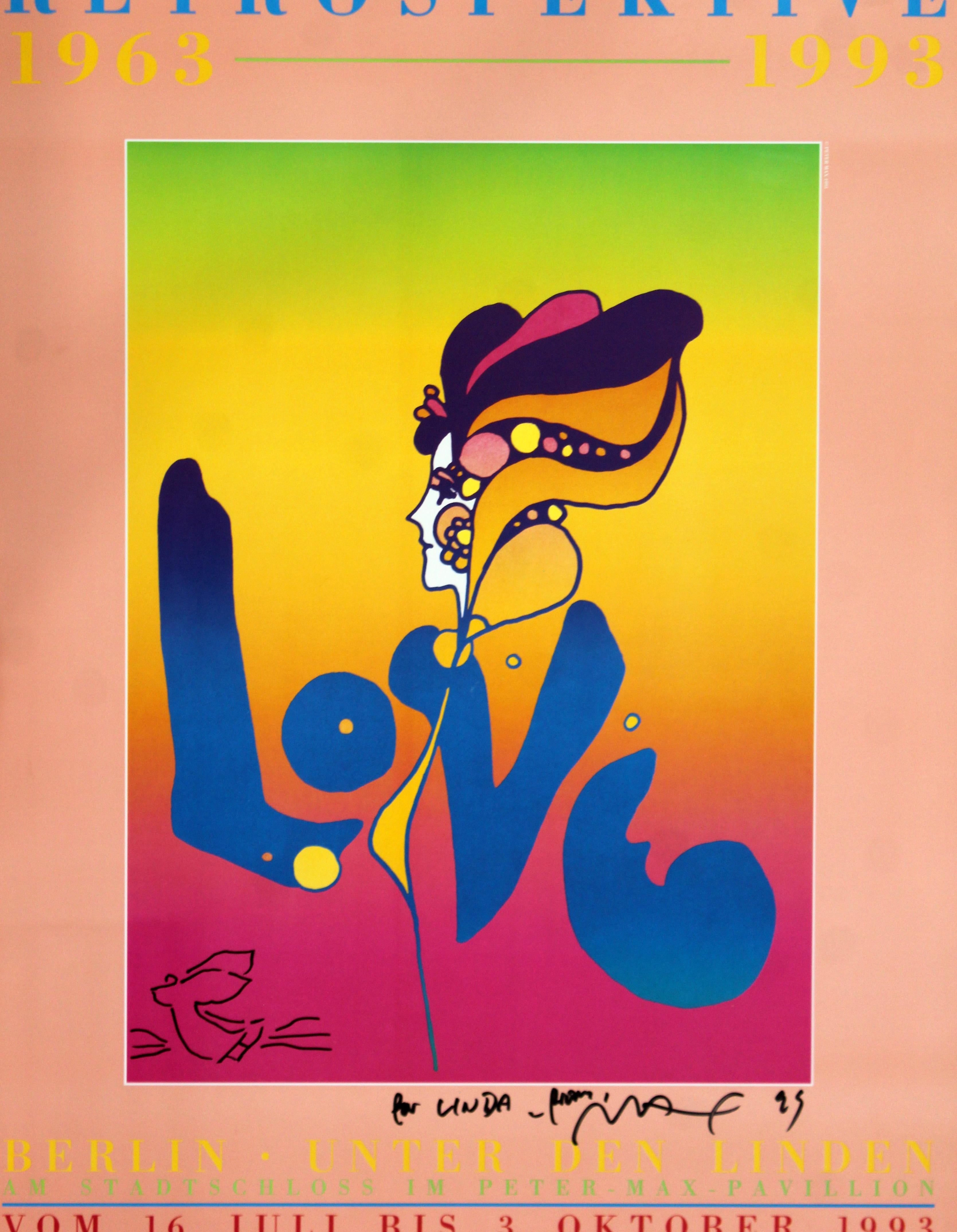 For your consideration is a dynamic, framed poster, for Peter Max's Berlin retrospektive of his work during the years 1963-1993, signed by the artist with a COA. In excellent condition. The dimensions are 25