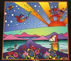 Contemporary Modern Framed Poster Signed Peter Max with Stamps 1992 COA