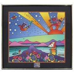 Zeitgenössische moderne gerahmte Poster signiert Peter Max mit Briefmarken 1992 COA