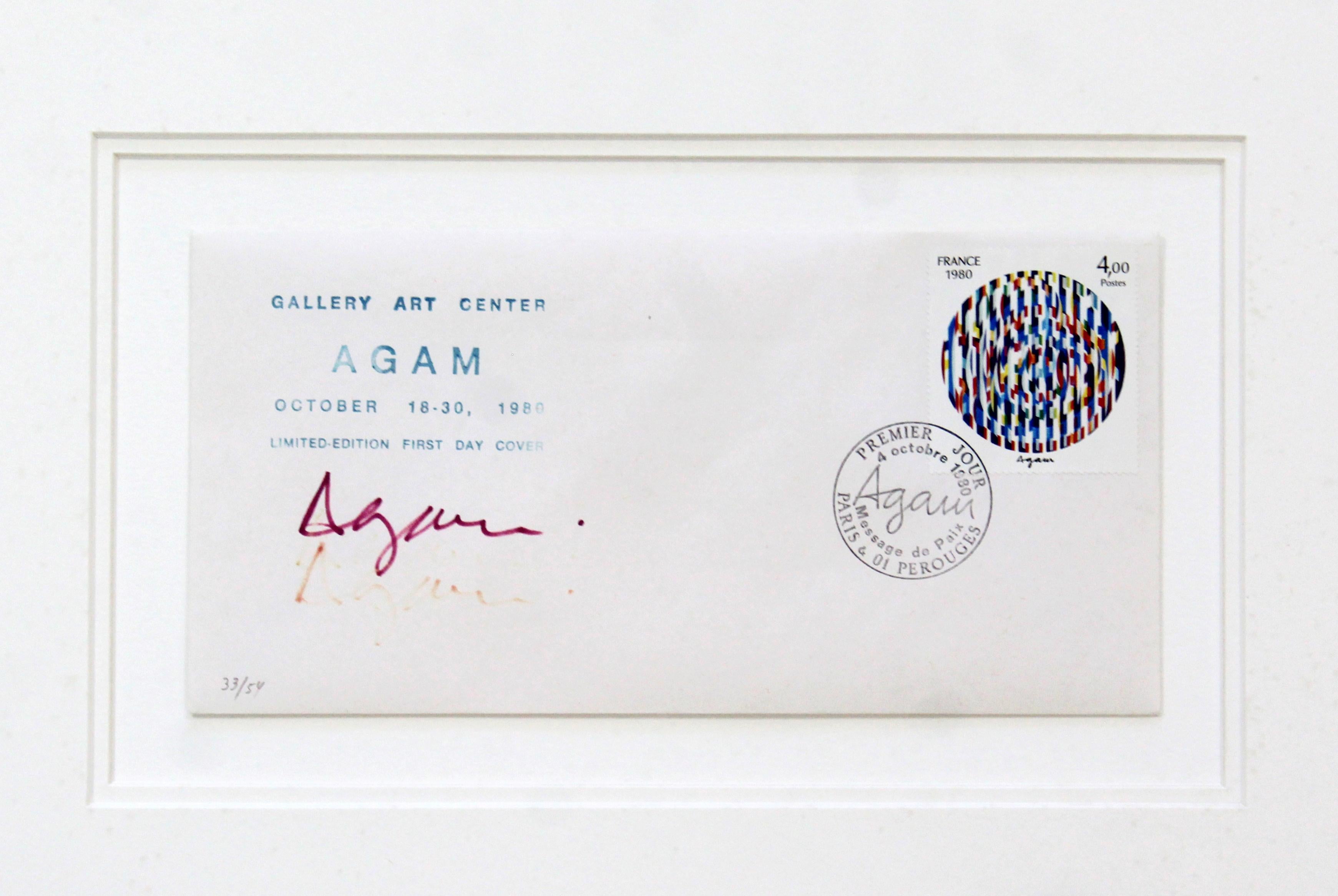For your consideration is a lovely, framed collectible envelope, signed, stamped and numbered by Yaacov Agam, 33/54, circa 1980. In excellent condition. The dimensions of the frame are 18
