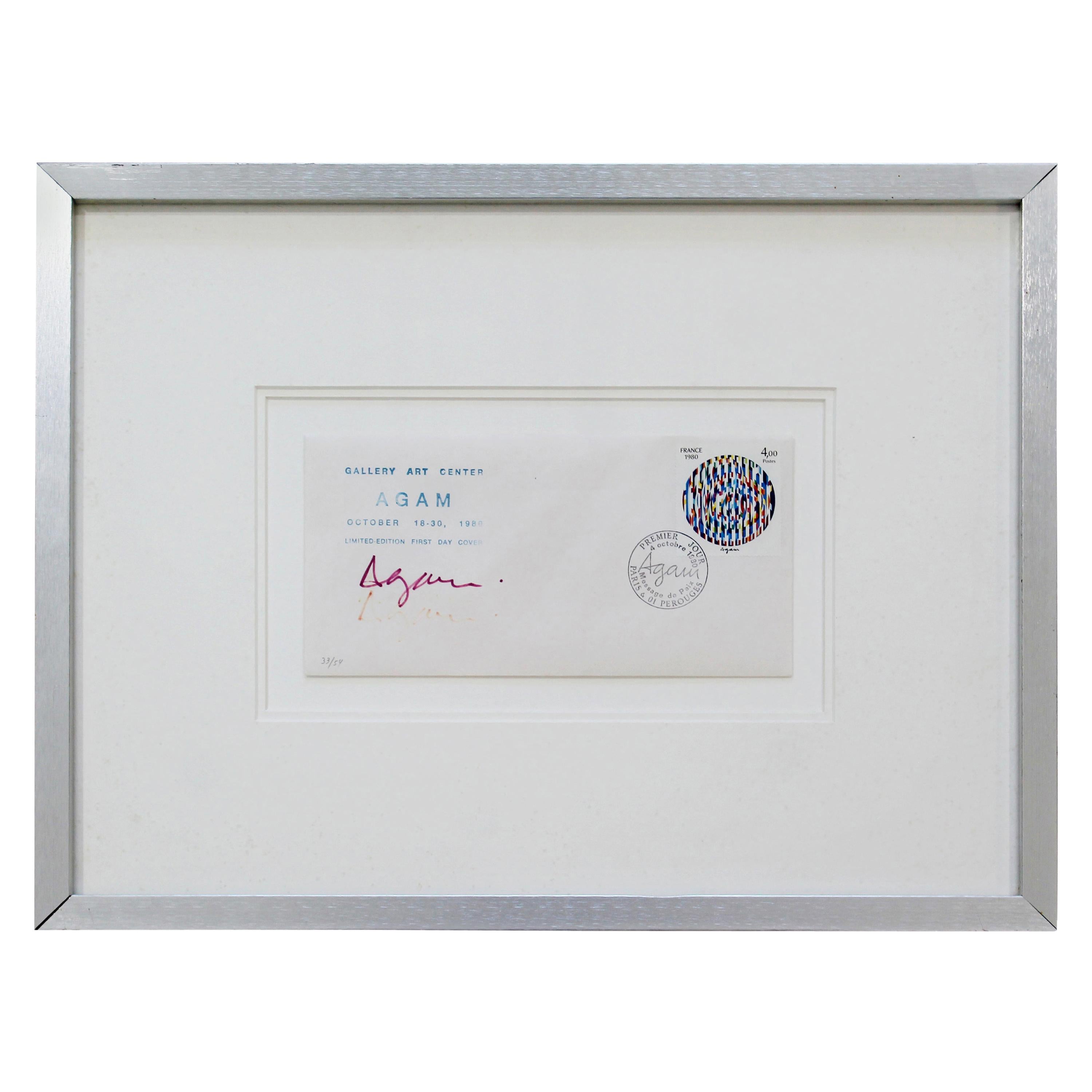 Contemporary Modern Framed Yaacov Agam Signed & Stamped Collectible Envelope