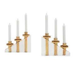 Contemporary Modern French Brass and Methacrylate Pair of Candelabra