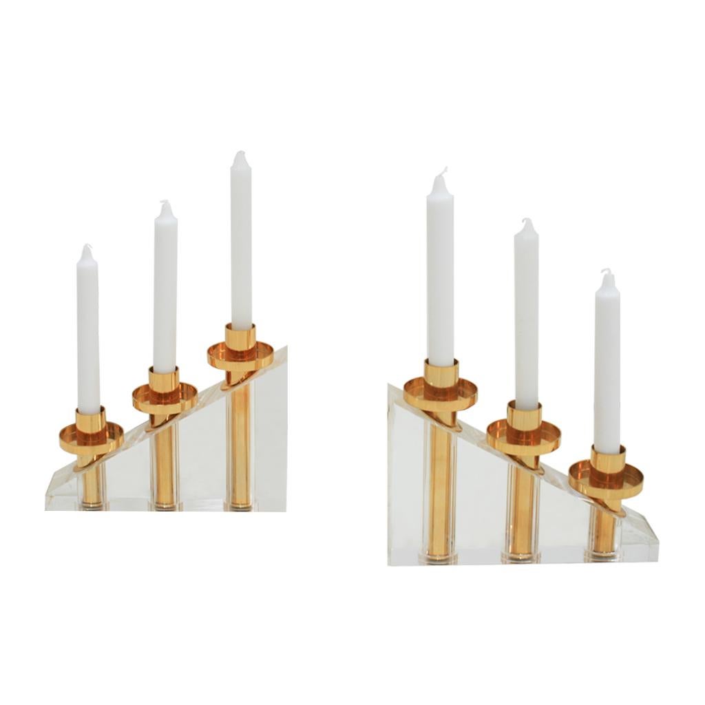 Mid-Century Modern Contemporary Modern French Brass and Methacrylate Pair of Candelabra For Sale