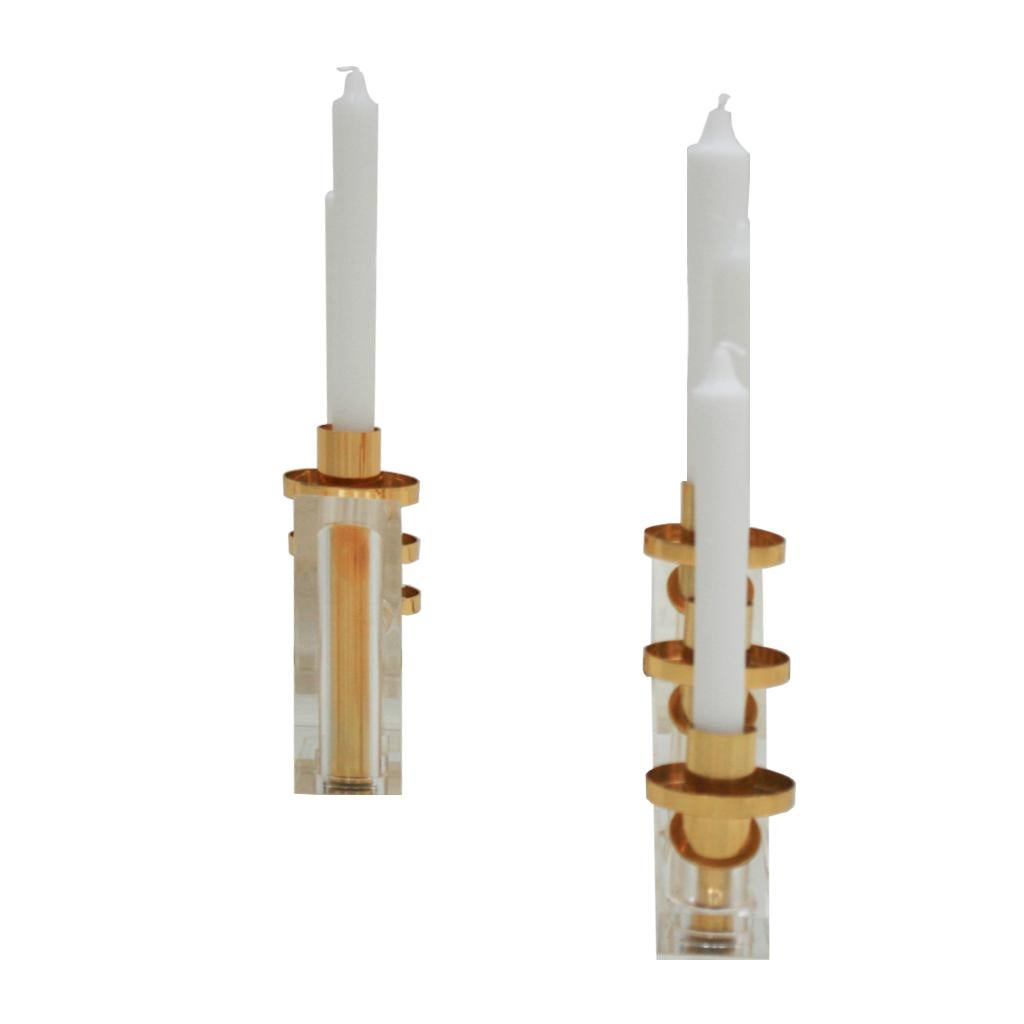 Contemporary Modern French Brass and Methacrylate Pair of Candelabra For Sale 1