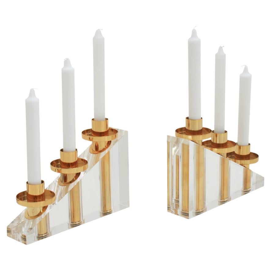 Contemporary Modern French Brass and Methacrylate Pair of Candelabra For Sale