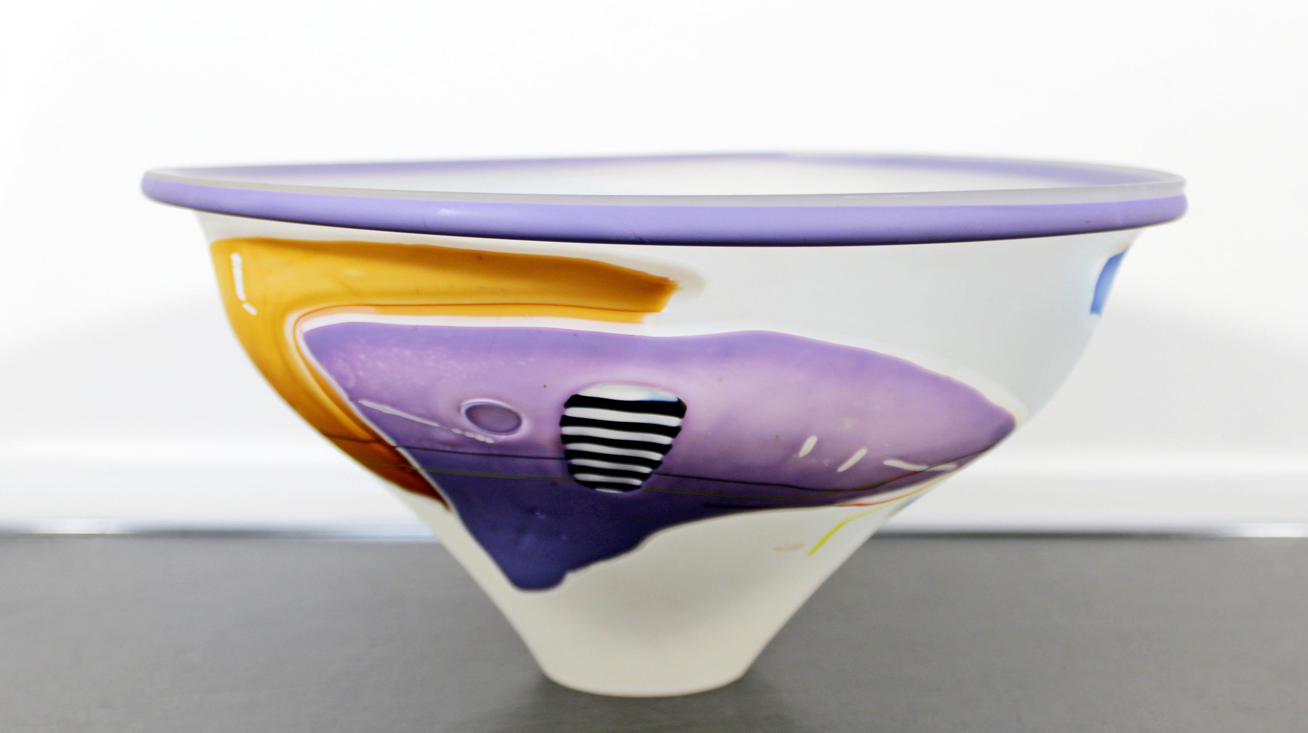 For your consideration is a stunning, multicolored, frosted glass art bowl, signed by James Wilbat and dated 1990. In excellent condition. The dimensions are 11.5