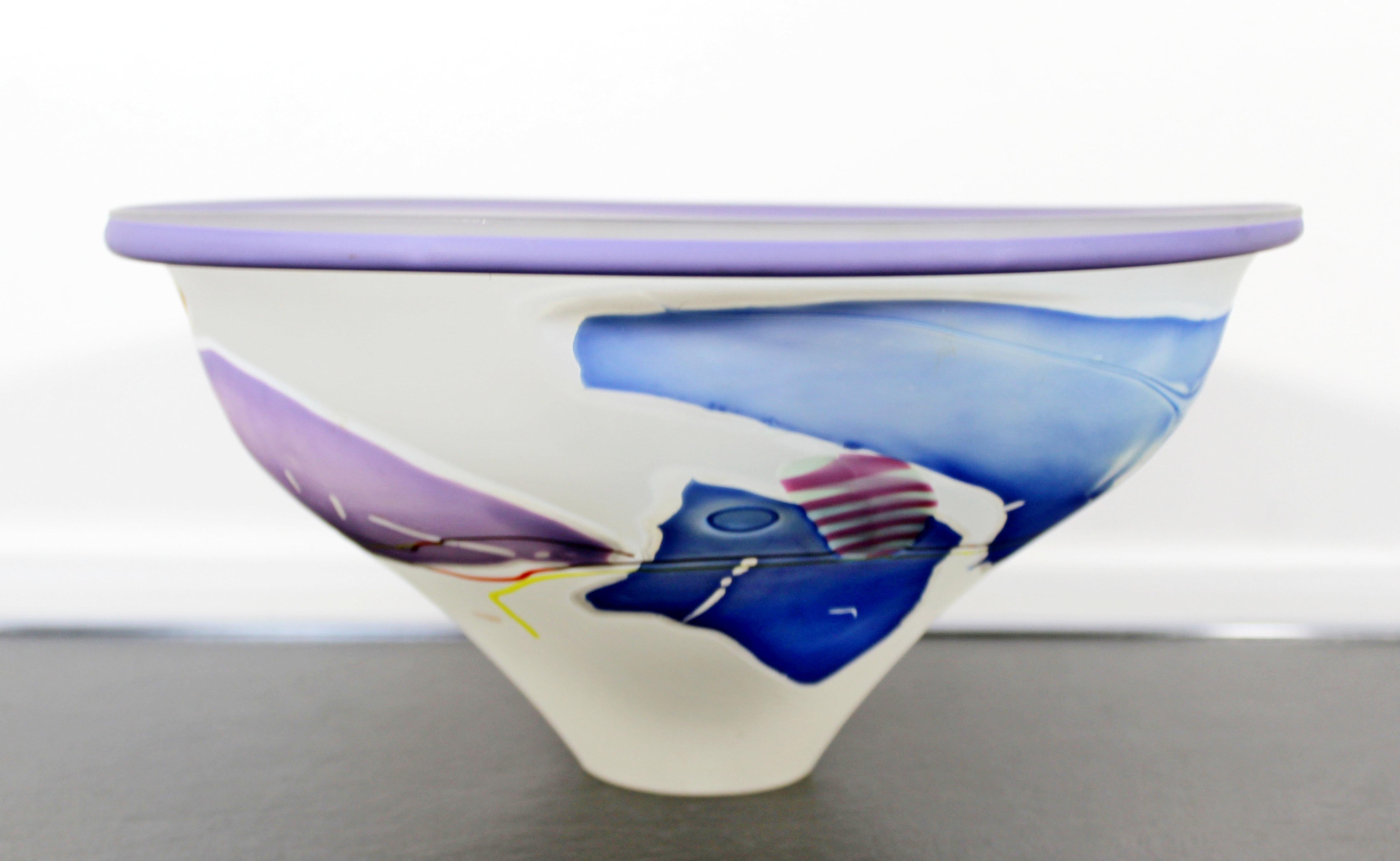 American Contemporary Modern Frosted Multi-Color Glass Art Bowl Signed James Wilbat, 1990