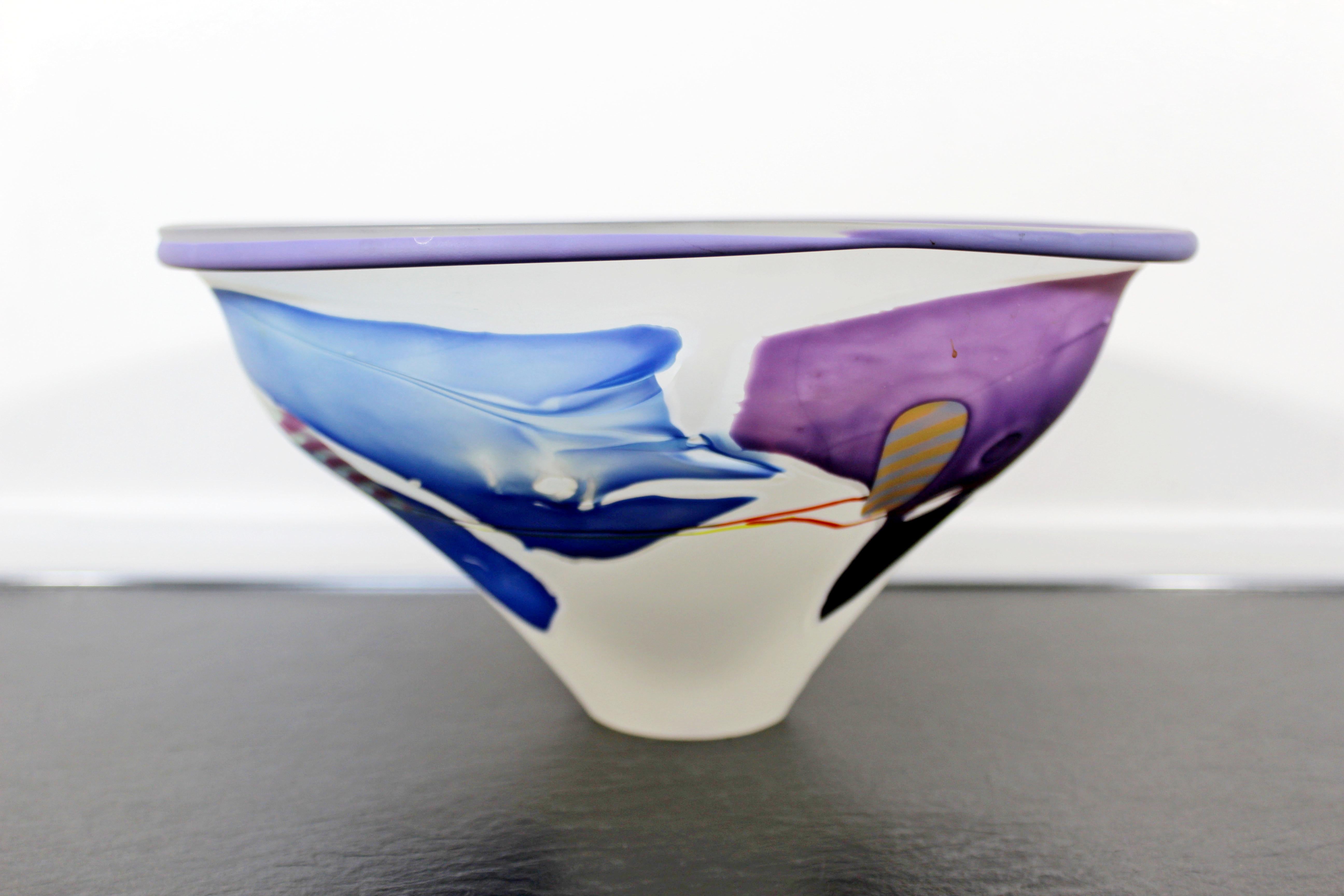 Contemporary Modern Frosted Multi-Color Glass Art Bowl Signed James Wilbat, 1990 In Good Condition In Keego Harbor, MI