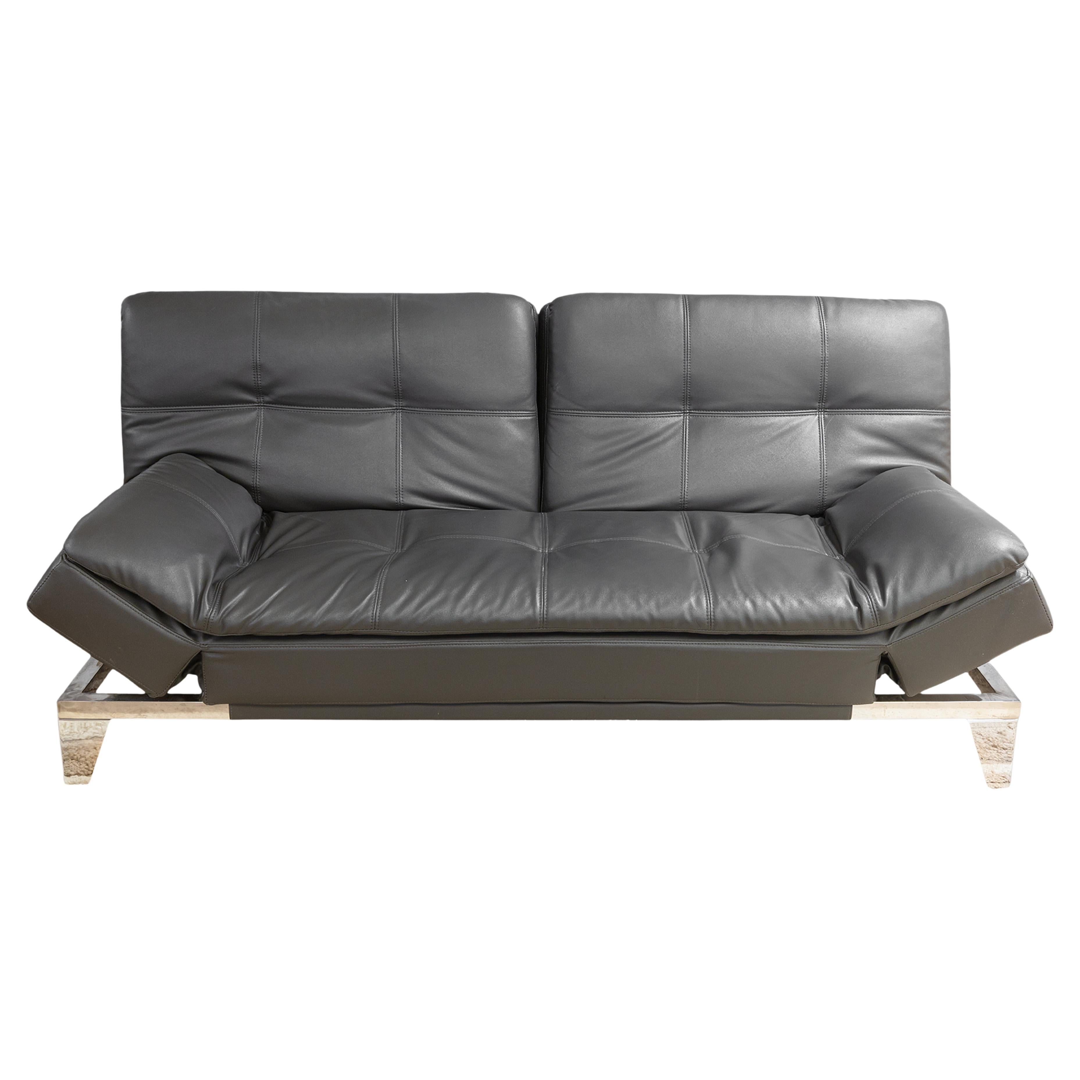 Contemporary Modern Gray Leather and Chrome Frame Adjustable Sleeper Sofa Futon For Sale