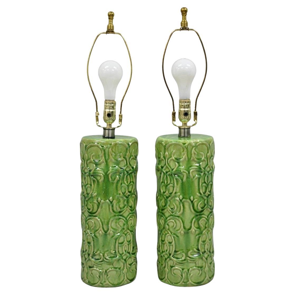 Contemporary Modern Green Glazed Ceramic Scroll Decorated Table Lamps - a Pair