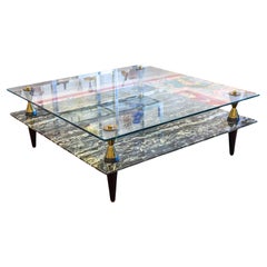 Contemporary Modern Green Marbled Glass and Brass Cocktail Coffee Table