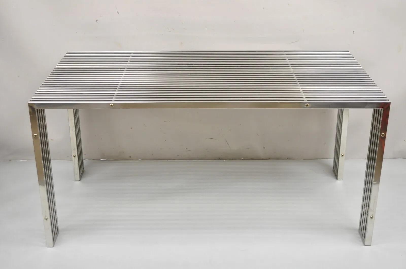 Contemporary Modern Gridiron Stainless Steel Metal Post-Modern Dining Table Desk. Item features a sleek stainless steel construction, clean modern lines, great style and form. *Does not include a glass top. Circa 21st Century, Pre-owned.