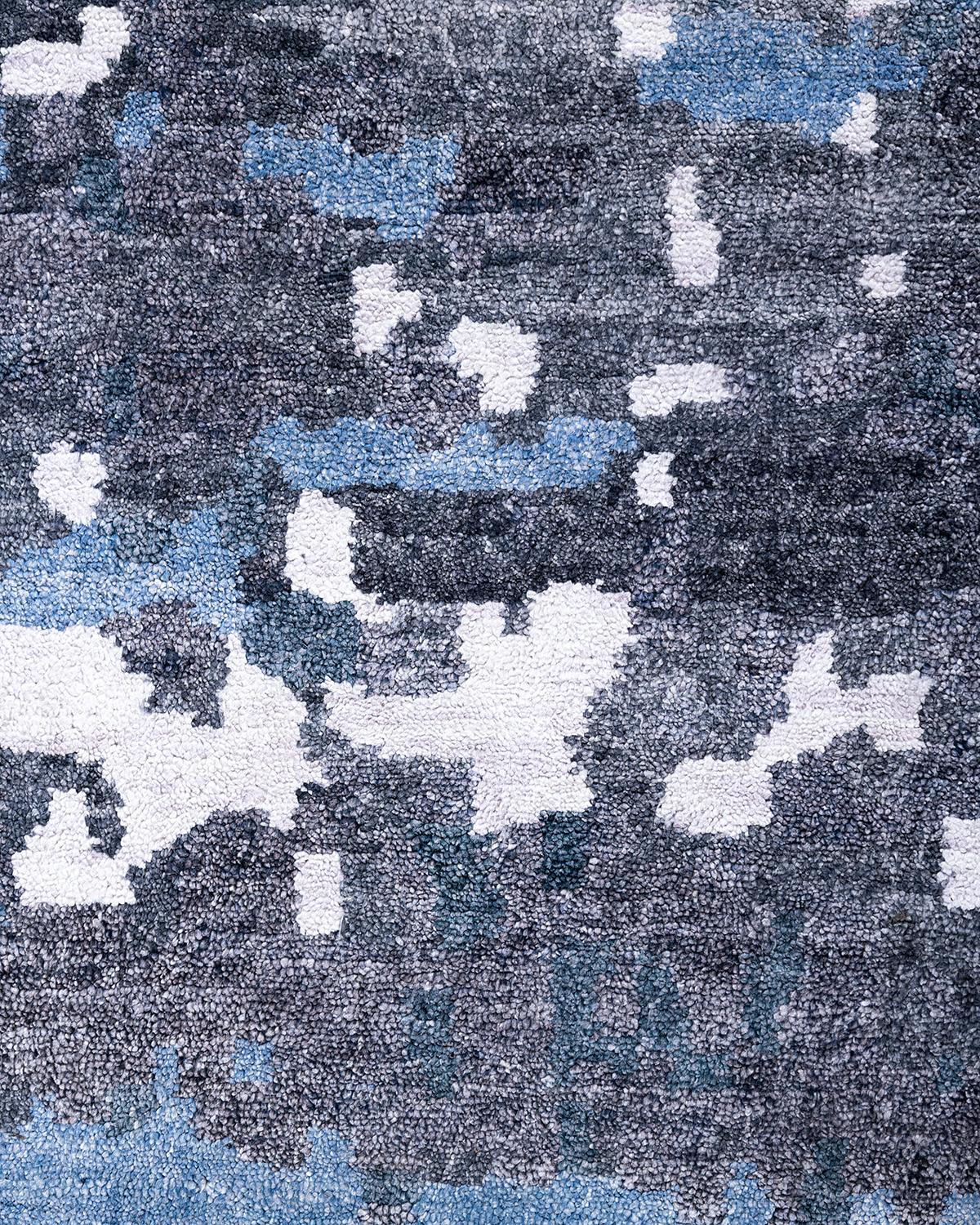 Indian Contemporary Modern Hand Knotted Abstract Silk Black Area Rug 9' 1