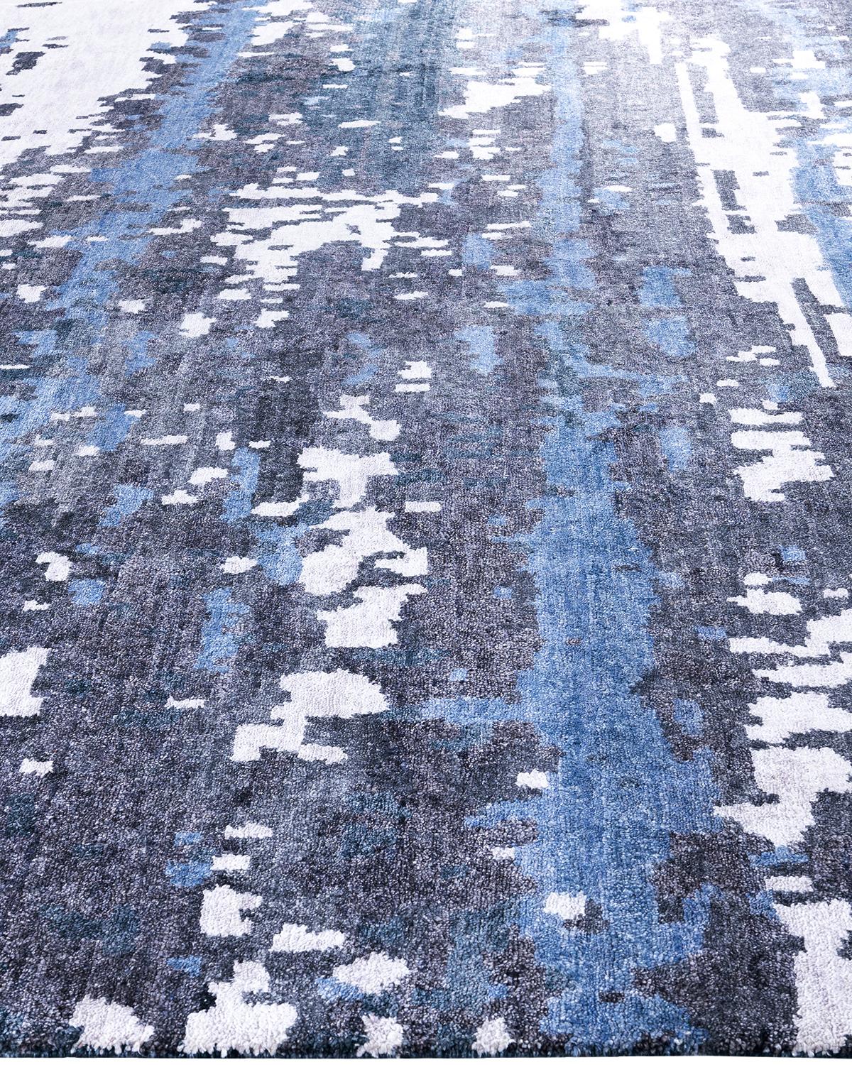 Hand-Knotted Contemporary Modern Hand Knotted Abstract Silk Black Area Rug 9' 1