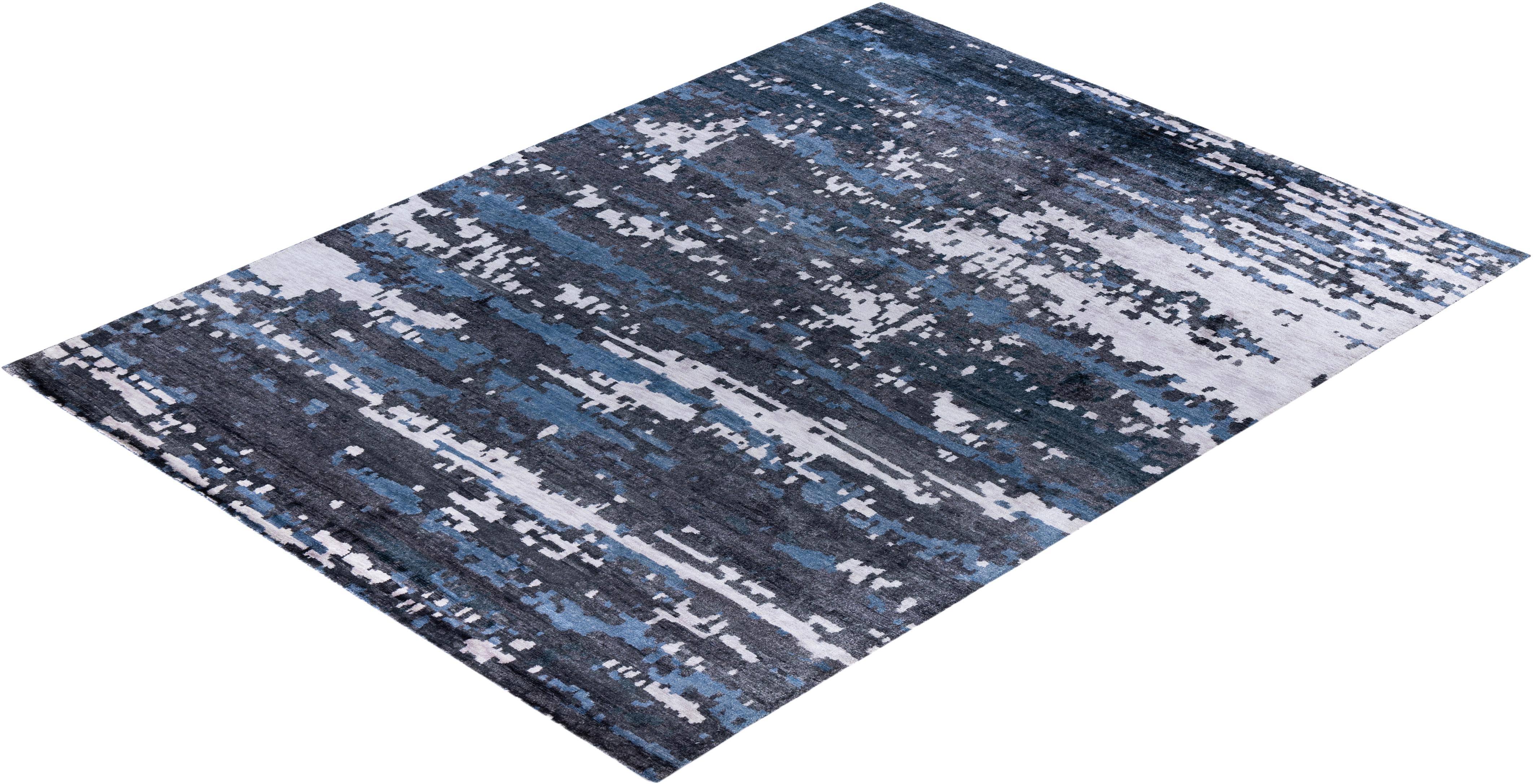 Contemporary Modern Hand Knotted Abstract Silk Black Area Rug 9' 1