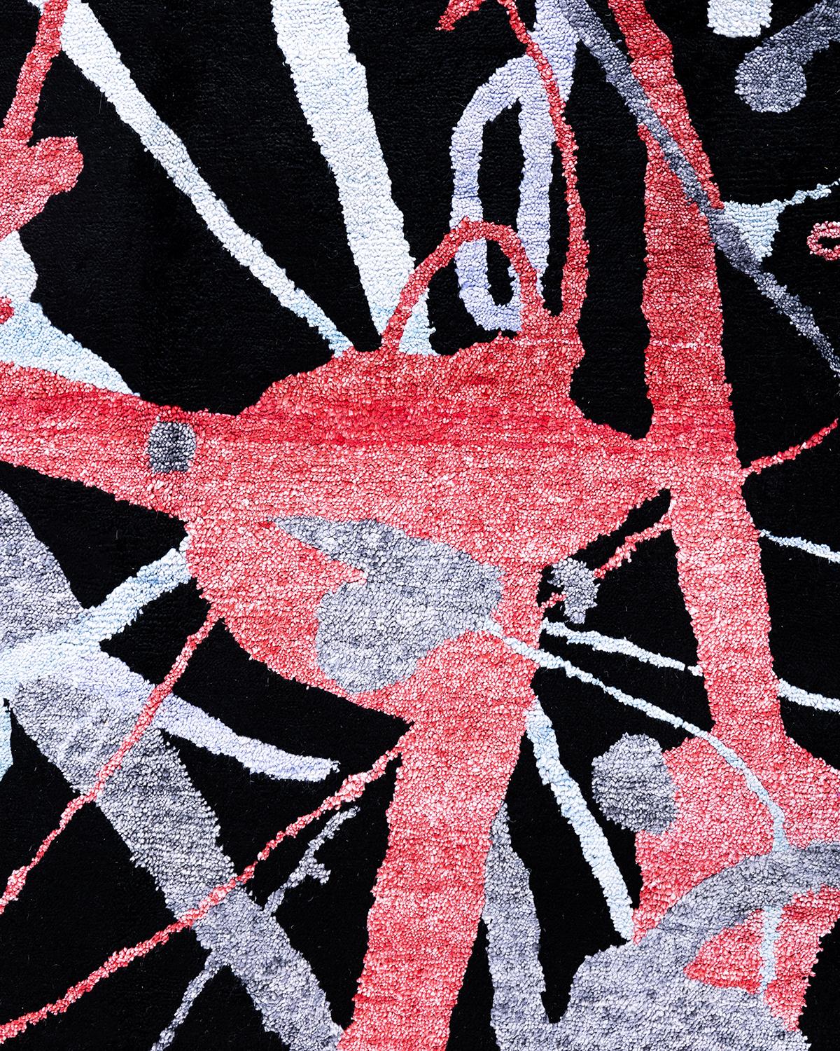 Indien Tapis de sol contemporain moderne en soie abstraite nouée à la main Noir 9' 2