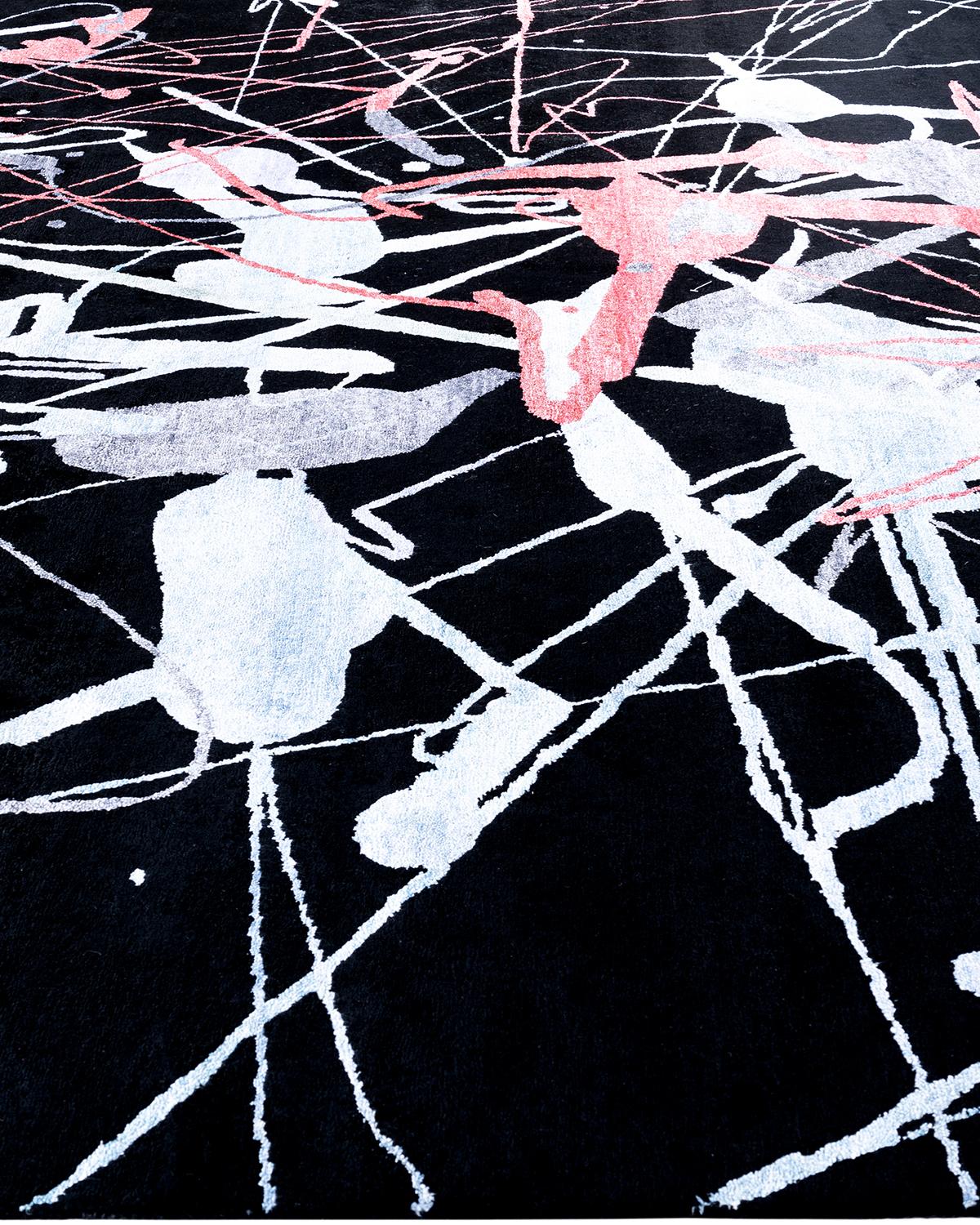 Noué à la main Tapis de sol contemporain moderne en soie abstraite nouée à la main Noir 9' 2