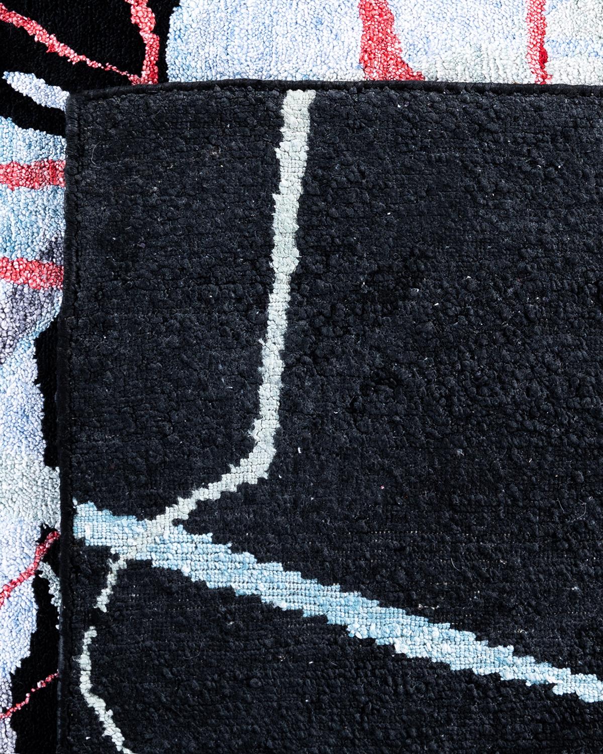 Tapis de sol contemporain moderne en soie abstraite nouée à la main Noir 9' 2