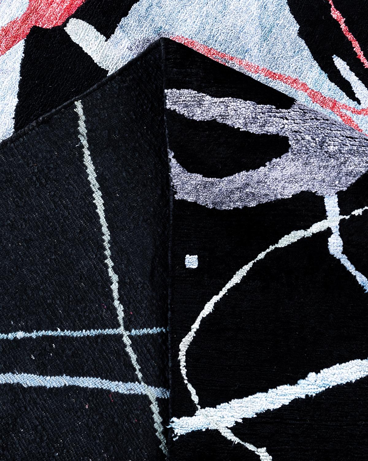 XXIe siècle et contemporain Tapis de sol contemporain moderne en soie abstraite nouée à la main Noir 9' 2
