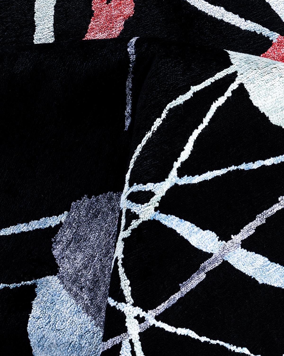 Soie Tapis de sol contemporain moderne en soie abstraite nouée à la main Noir 9' 2
