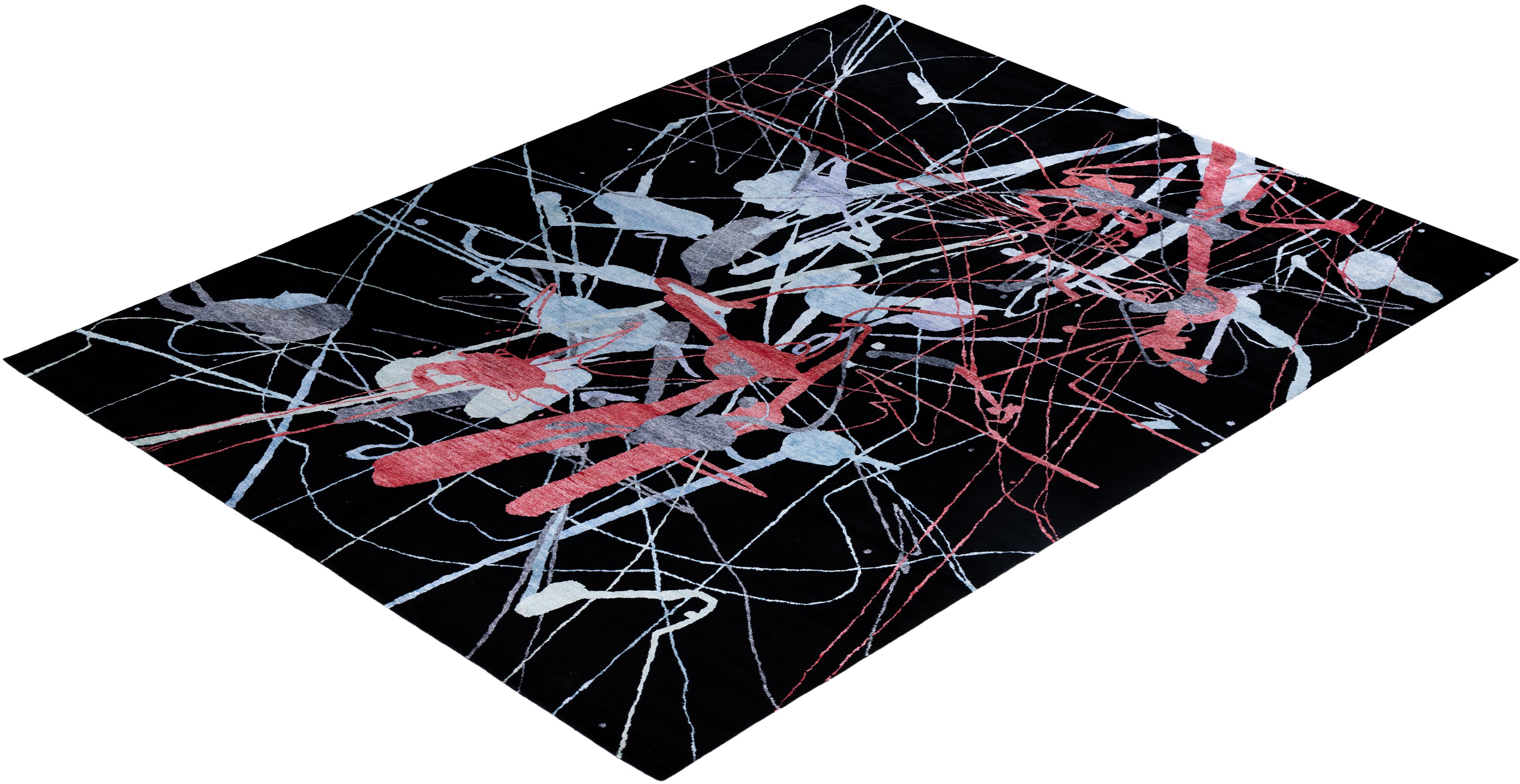 Tapis de sol contemporain moderne en soie abstraite nouée à la main Noir 9' 2