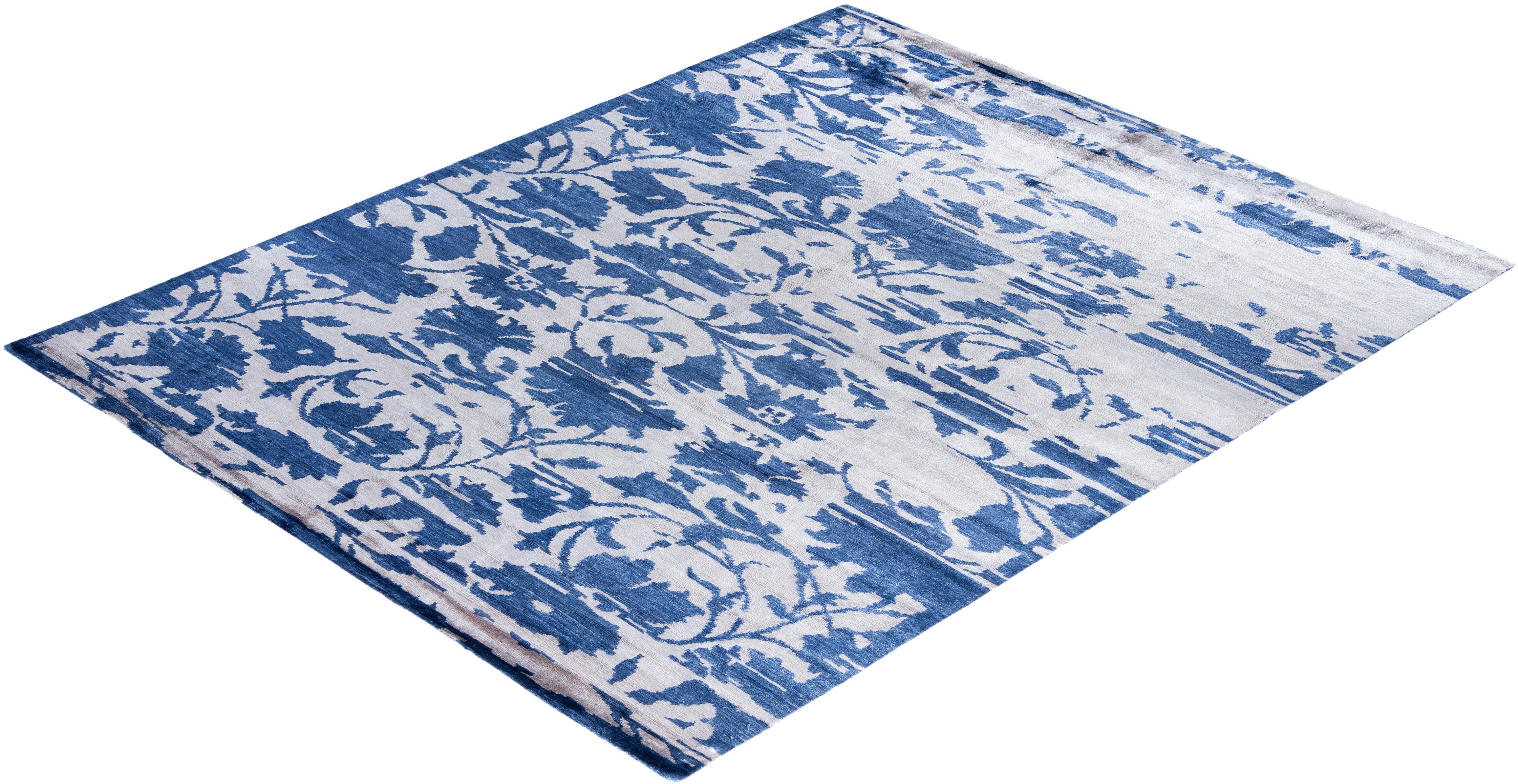 Tappeto moderno e contemporaneo in seta astratta annodata a mano di colore blu, 8' 1