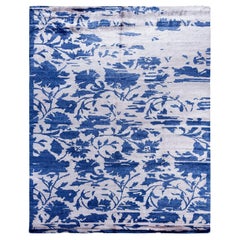 Contemporary Modern Hand Knotted Abstract Silk Blue Area Rug 8' 1" x 10' 1"