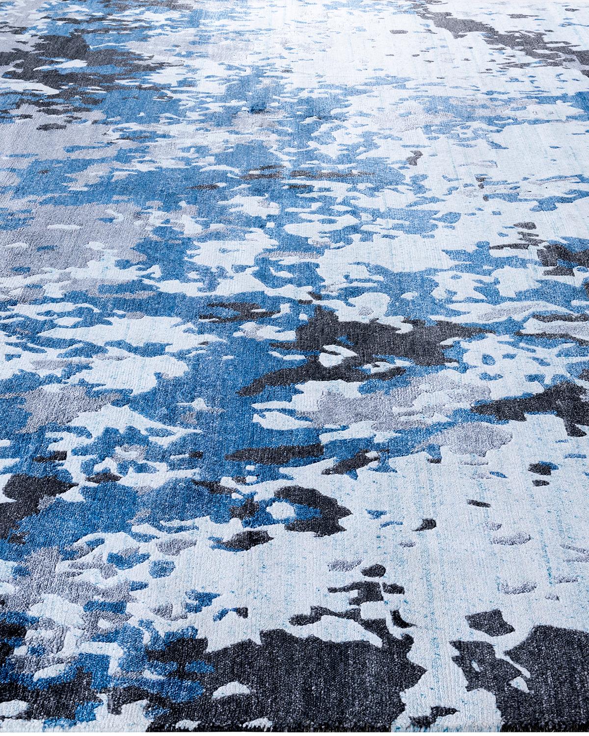 Annodato a mano Tappeto moderno e contemporaneo in seta astratta annodata a mano di colore blu, 8' 2