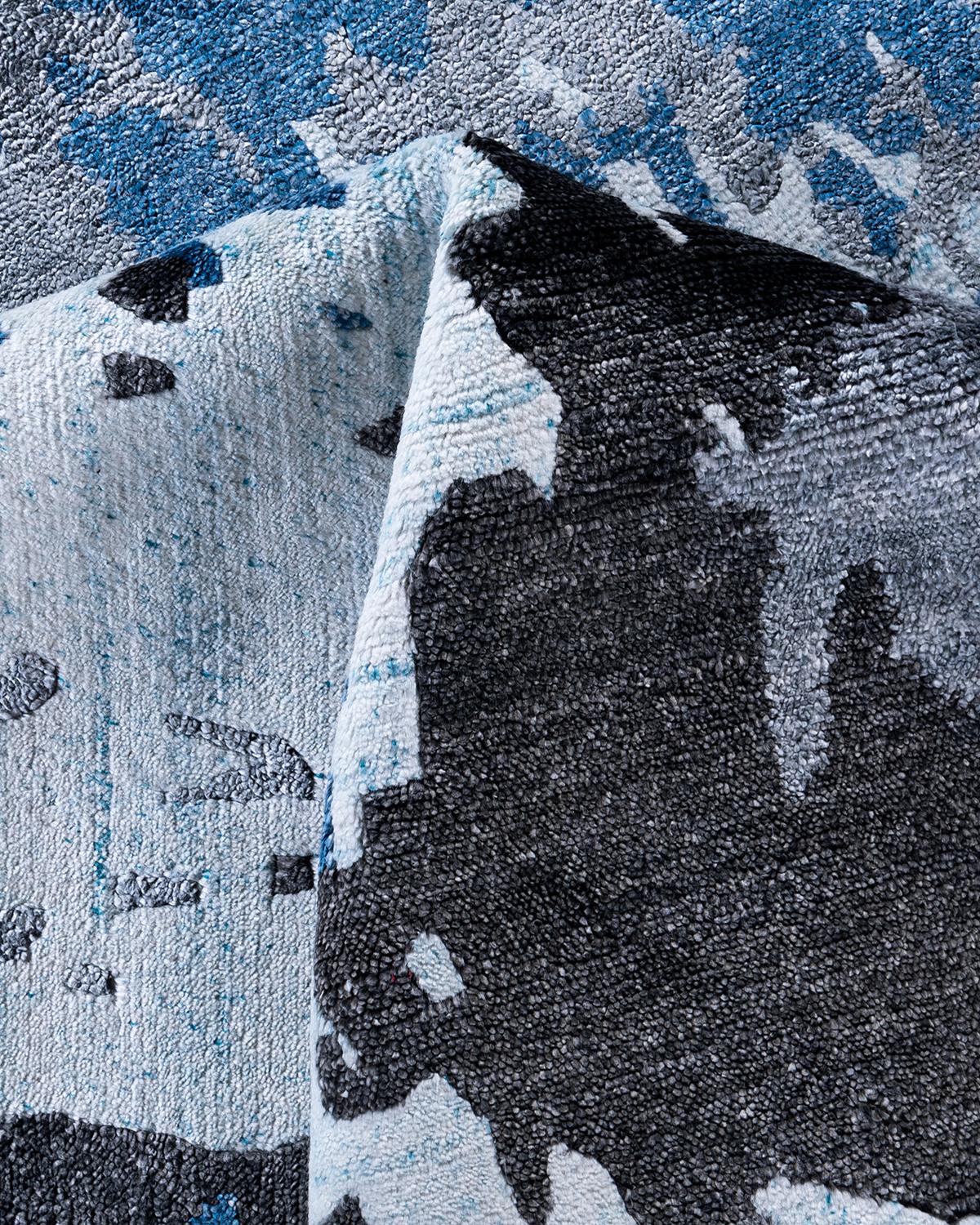 Seta Tappeto moderno e contemporaneo in seta astratta annodata a mano di colore blu, 8' 2