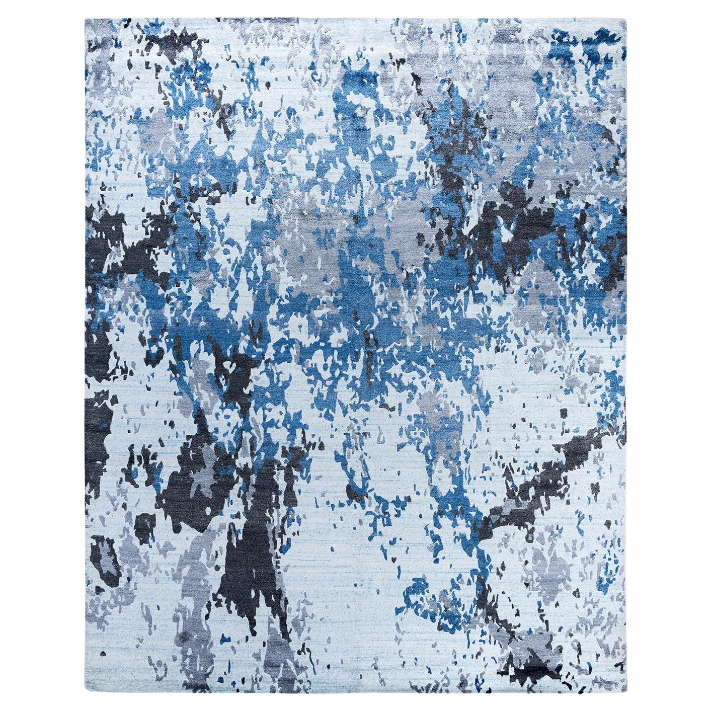 Tappeto moderno e contemporaneo in seta astratta annodata a mano di colore blu, 8' 2" x 10' 2".