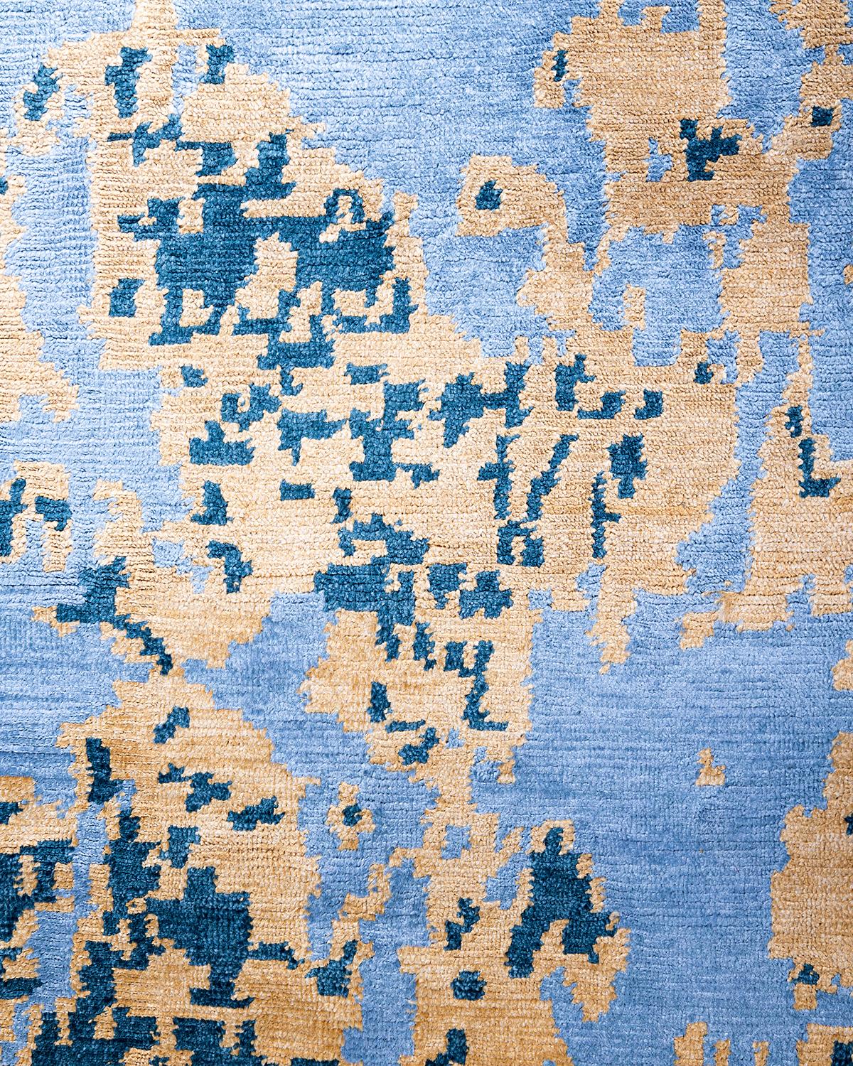 Indiano Tappeto moderno e contemporaneo in seta astratta annodata a mano, color oro, 8' 10