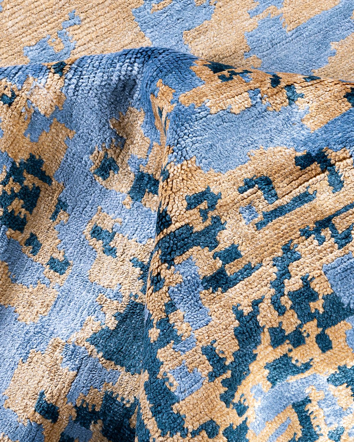 Seta Tappeto moderno e contemporaneo in seta astratta annodata a mano, color oro, 8' 10