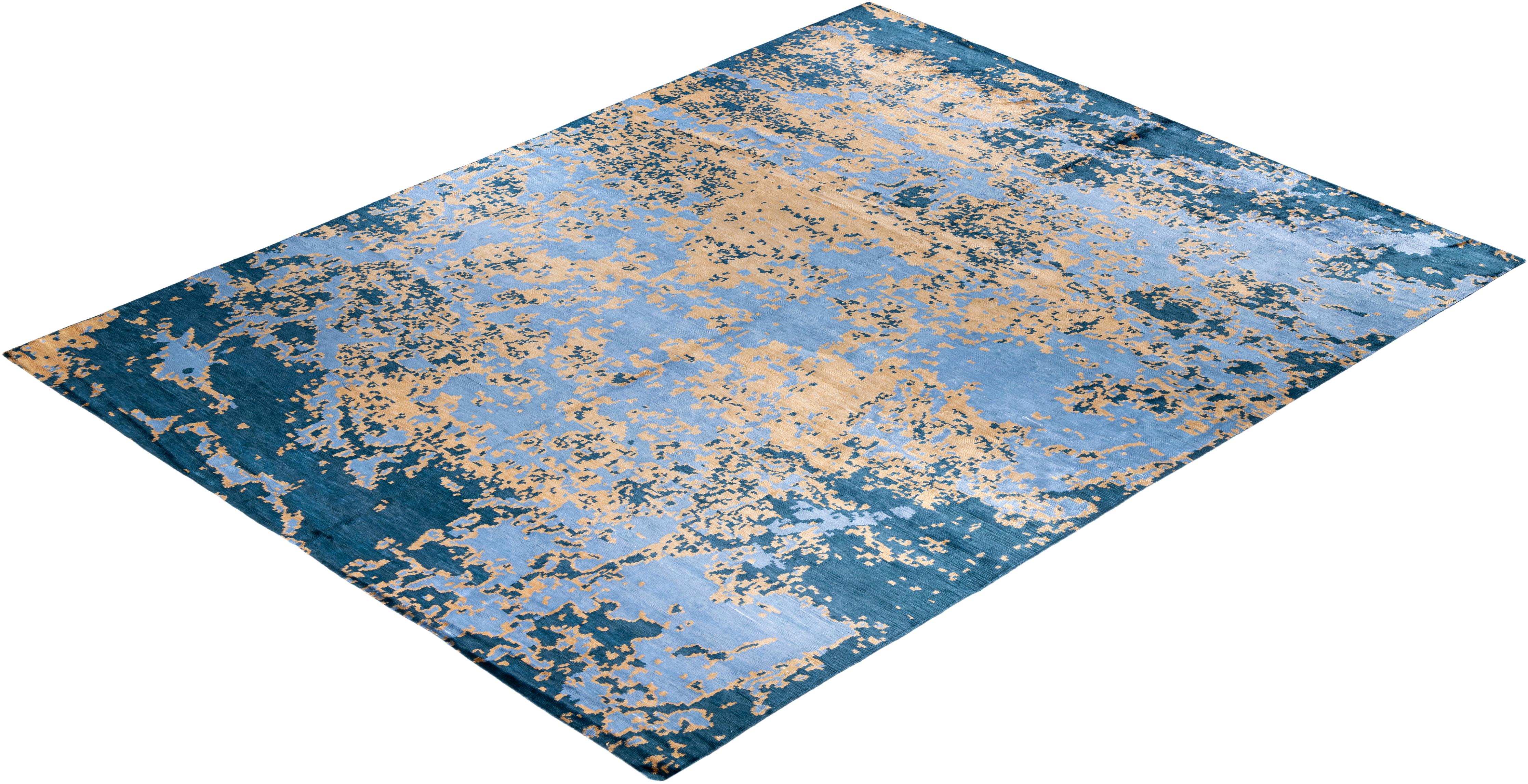 Tappeto moderno e contemporaneo in seta astratta annodata a mano, color oro, 8' 10