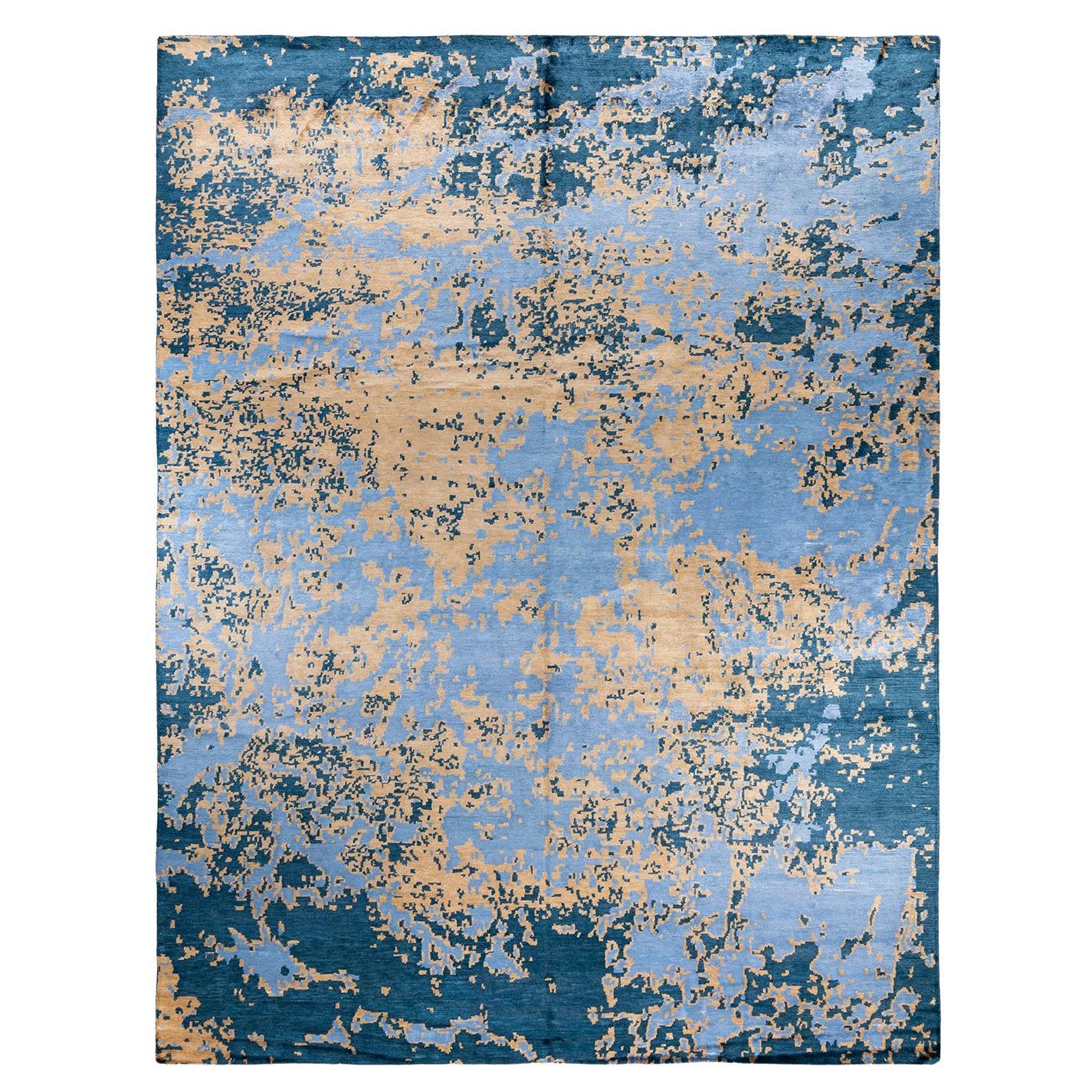 Contemporary Modern Hand Knotted Abstract Silk Gold Area Rug 8' 10" x 11' 9"
