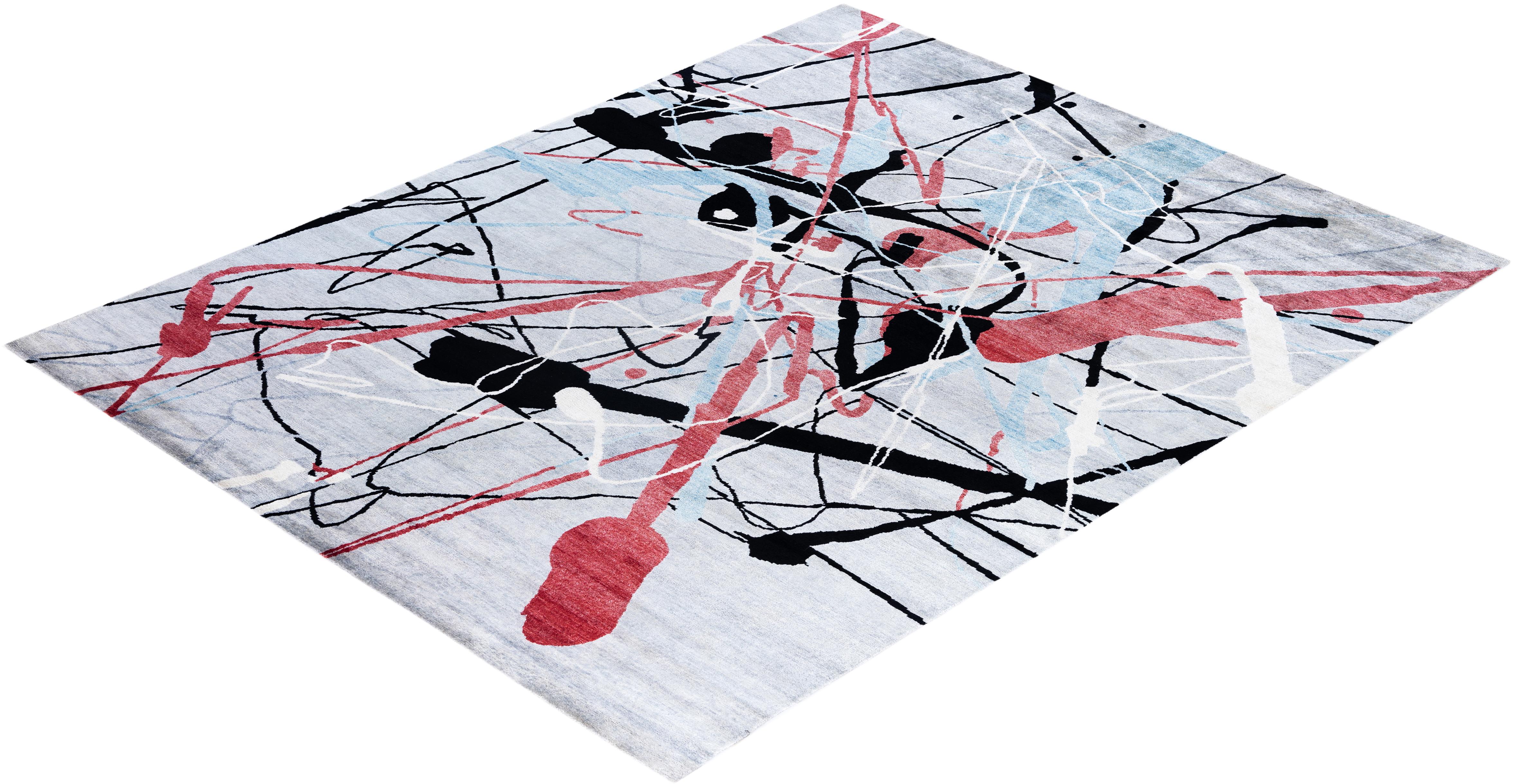 Tapis de sol contemporain moderne en soie abstraite nouée à la main, gris 8' 0