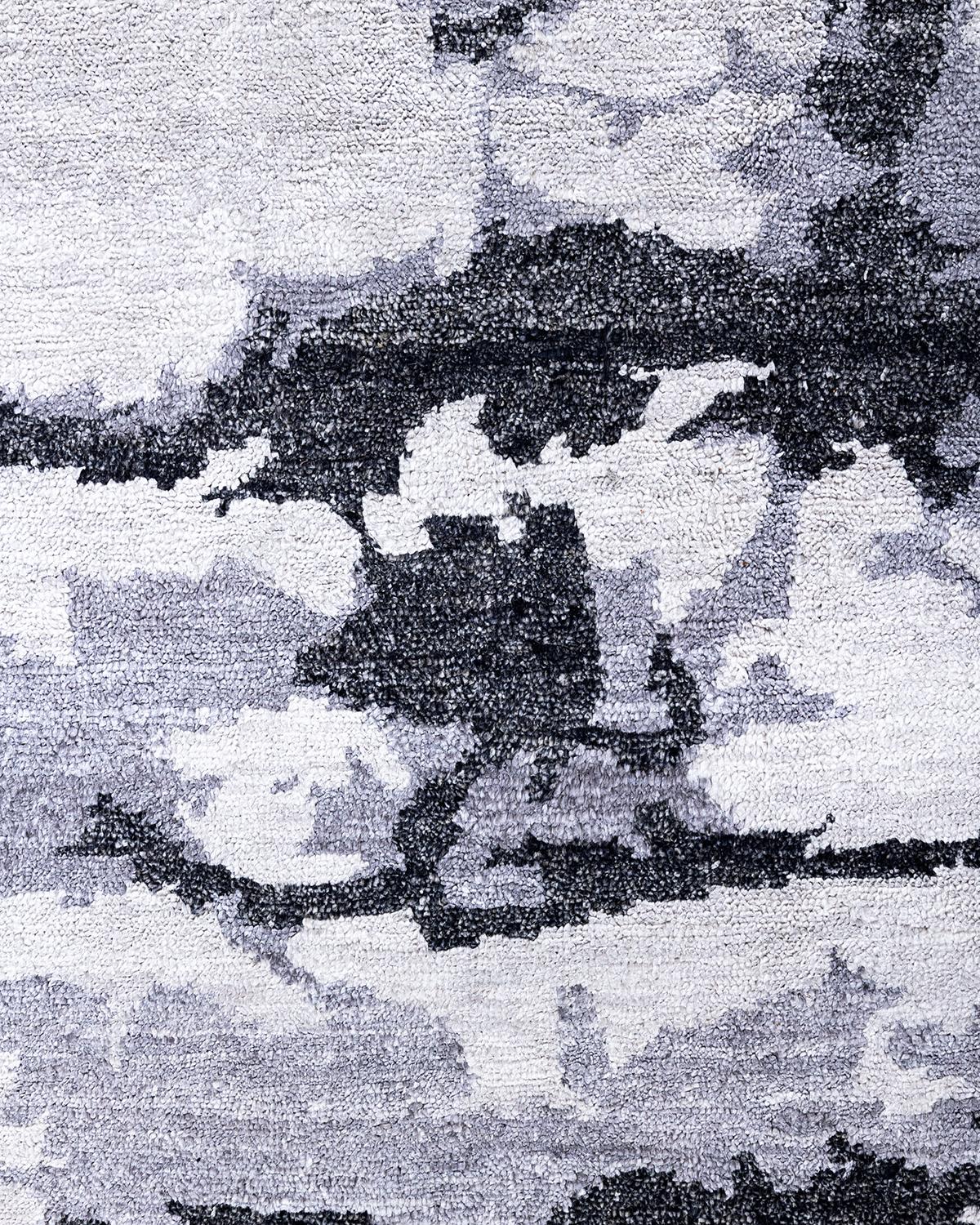 Indiano Tappeto moderno e contemporaneo in seta astratta annodata a mano di colore grigio 8' 1