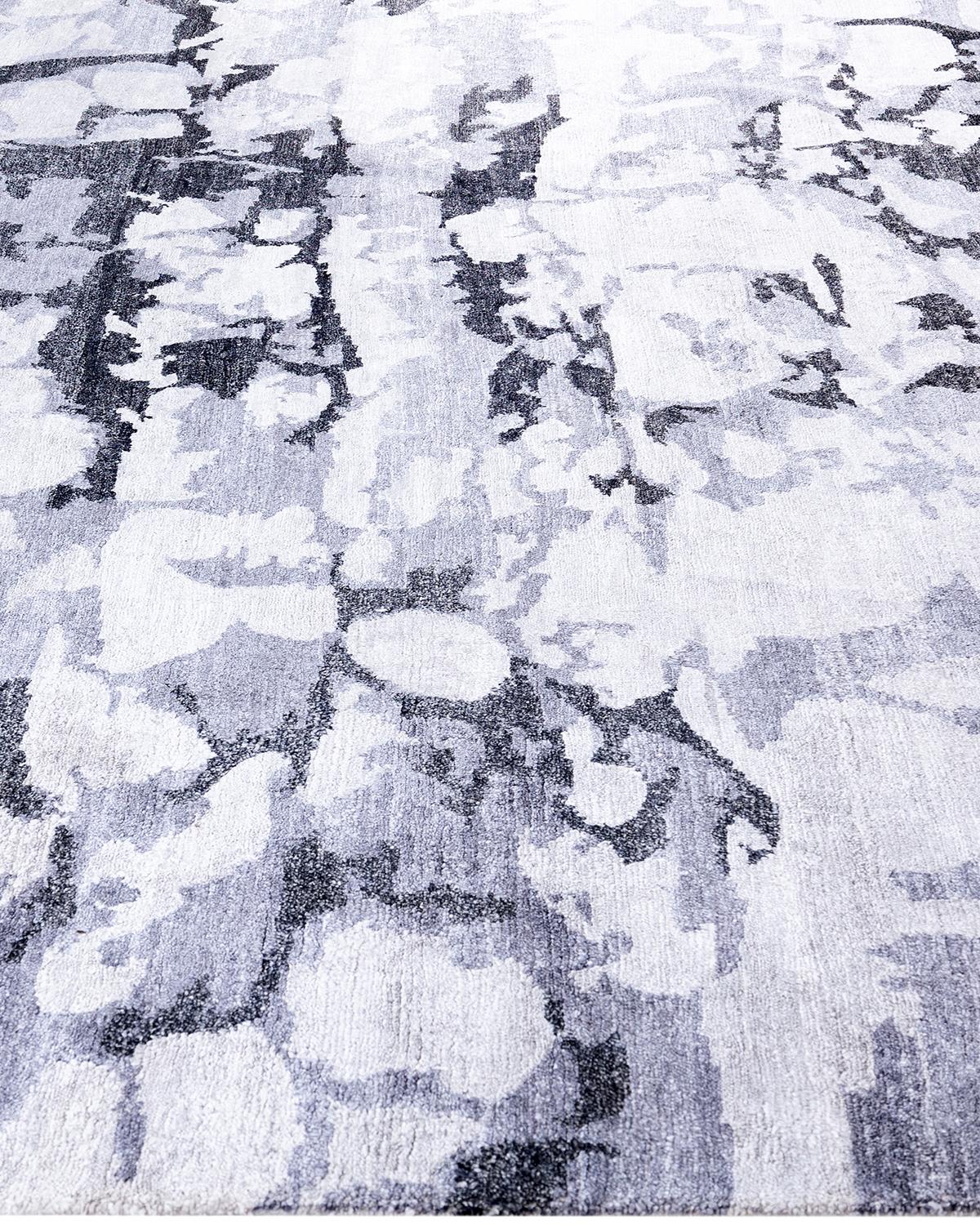 Annodato a mano Tappeto moderno e contemporaneo in seta astratta annodata a mano di colore grigio 8' 1