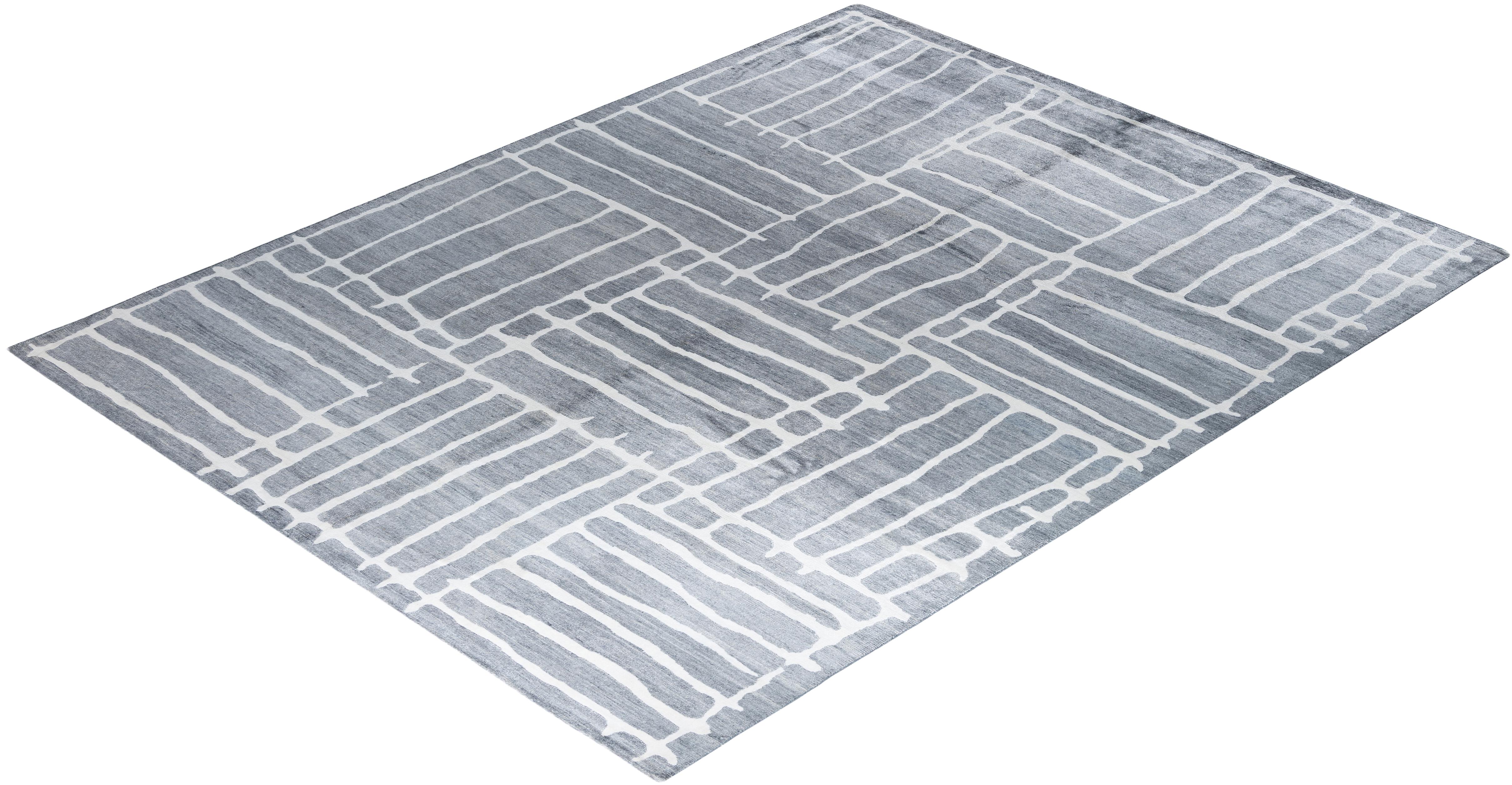 Contemporary Modern Hand Knoted Abstract Silk Gray Area Rugs 9' 0